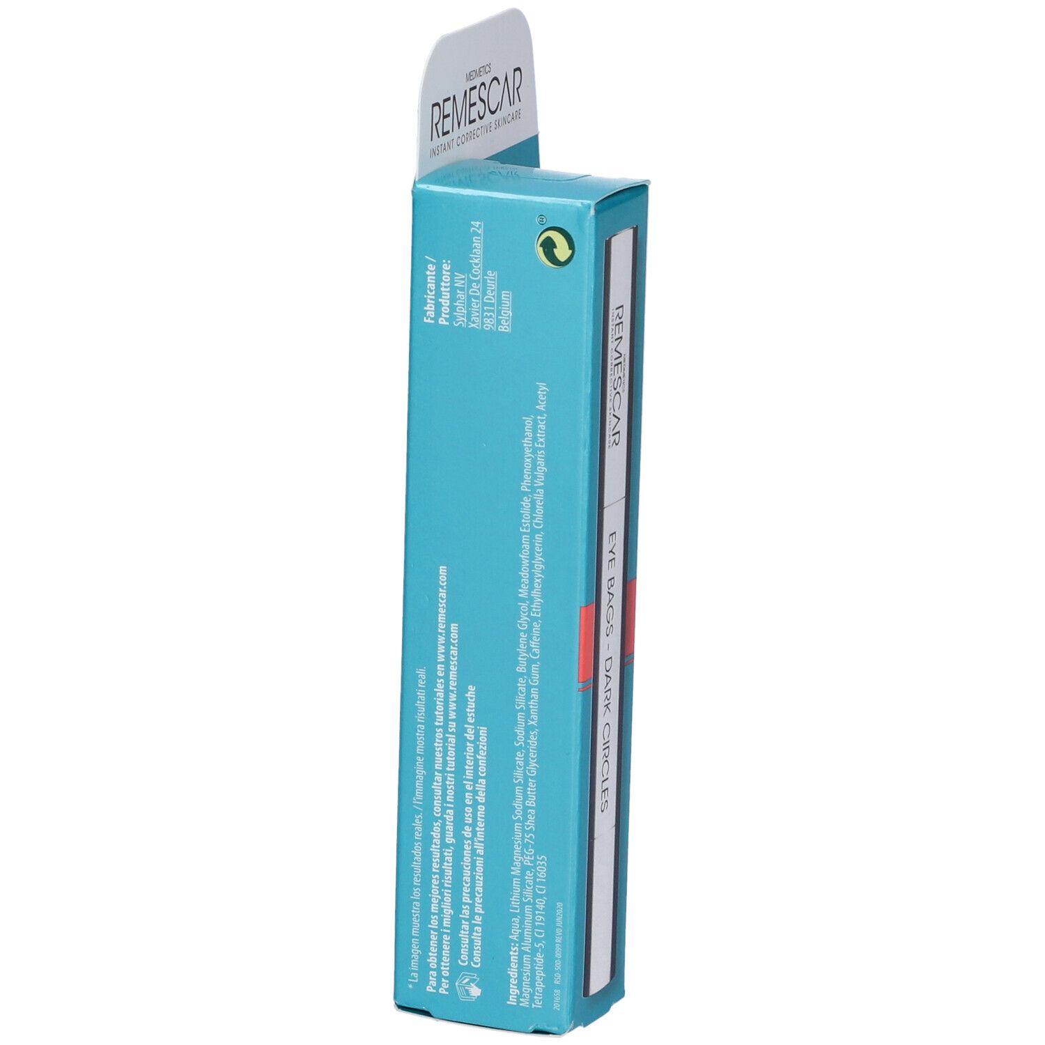 Confezione del prodotto, vista laterale. Stampa: REMESCAR, Eye Bags, Dark Circles. Testo con ingredienti e informazioni del produttore.