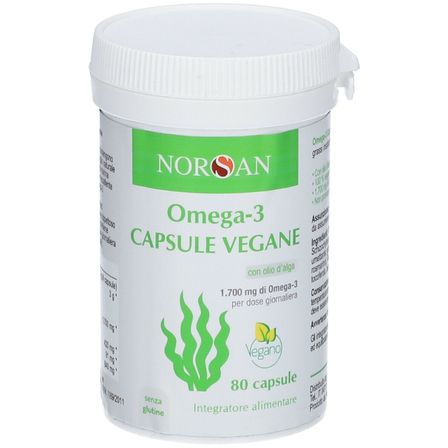 Contenitore cilindrico bianco con etichetta verde. Scritta: Omega-3 Capsule Vegane, 80 capsule, sigillo Vegano.