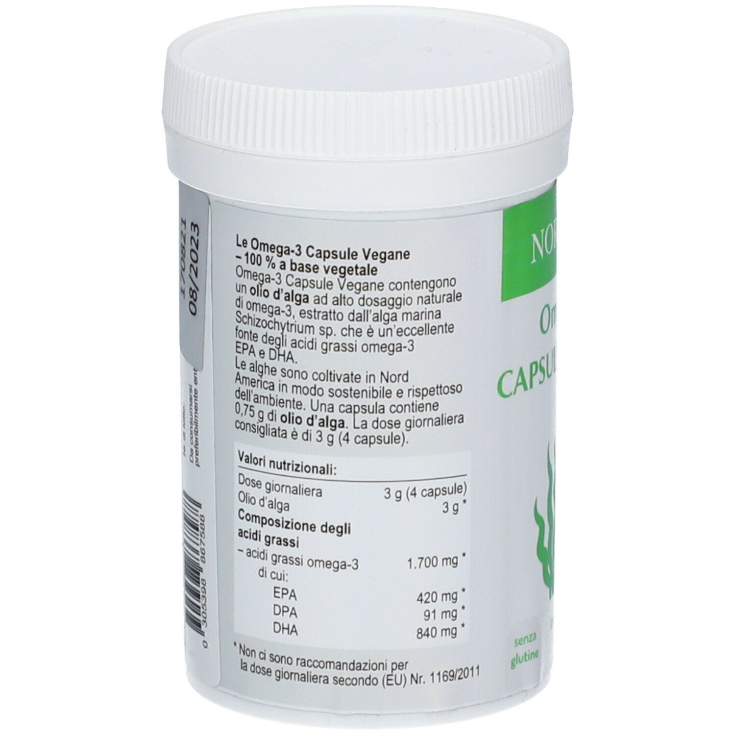 Contenitore bianco con etichetta verde. Scritta: Omega-3 Capsule Vegane, 80 capsule, sigillo Vegano. Testo sul retro.