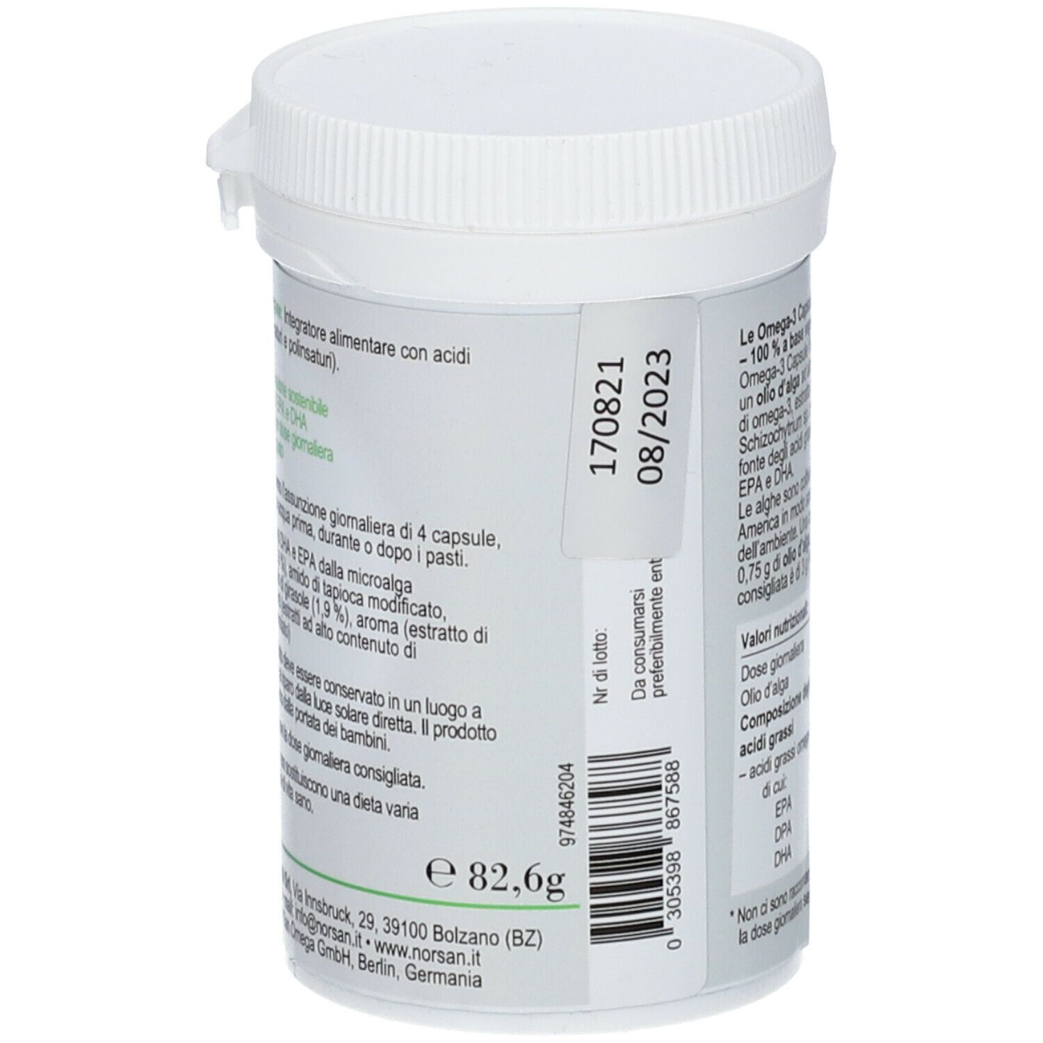 Contenitore bianco con etichetta verde. Scritta: Omega-3 Capsule Vegane, 80 capsule, sigillo Vegano. Testo sul retro.