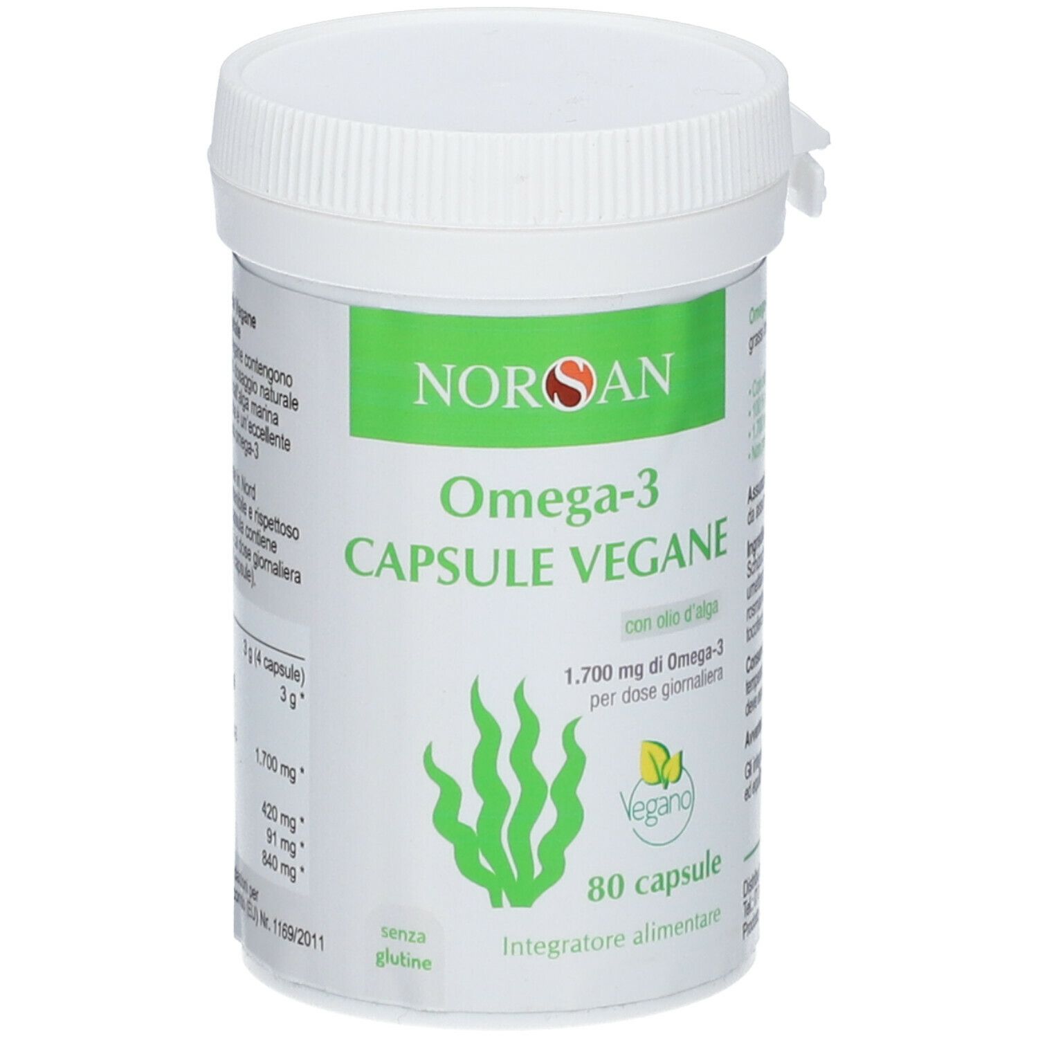 Contenitore cilindrico bianco con etichetta verde. Scritta: Omega-3 Capsule Vegane, 80 capsule, sigillo Vegano.