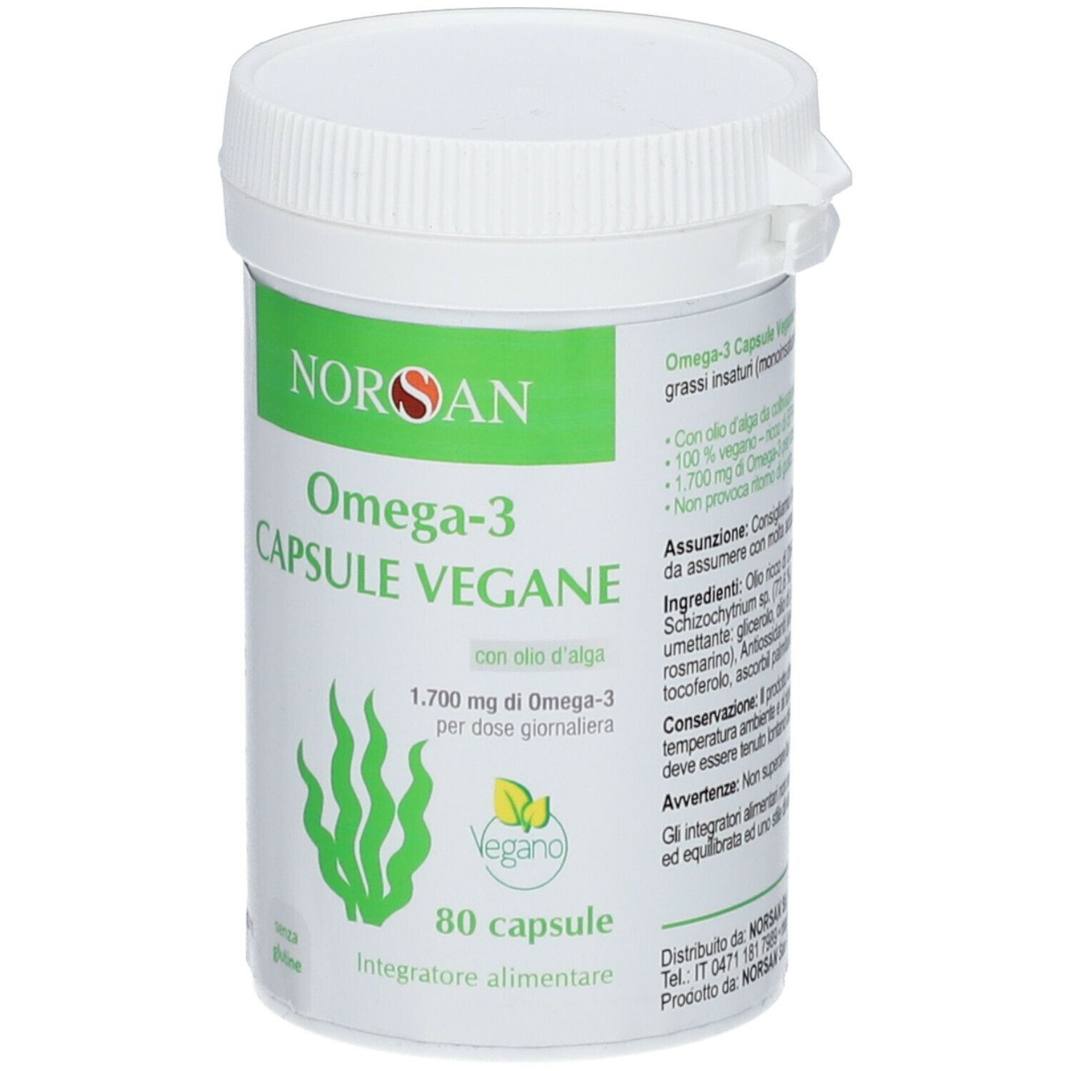 Contenitore cilindrico bianco con etichetta verde. Scritta: Omega-3 Capsule Vegane, 80 capsule, sigillo Vegano.
