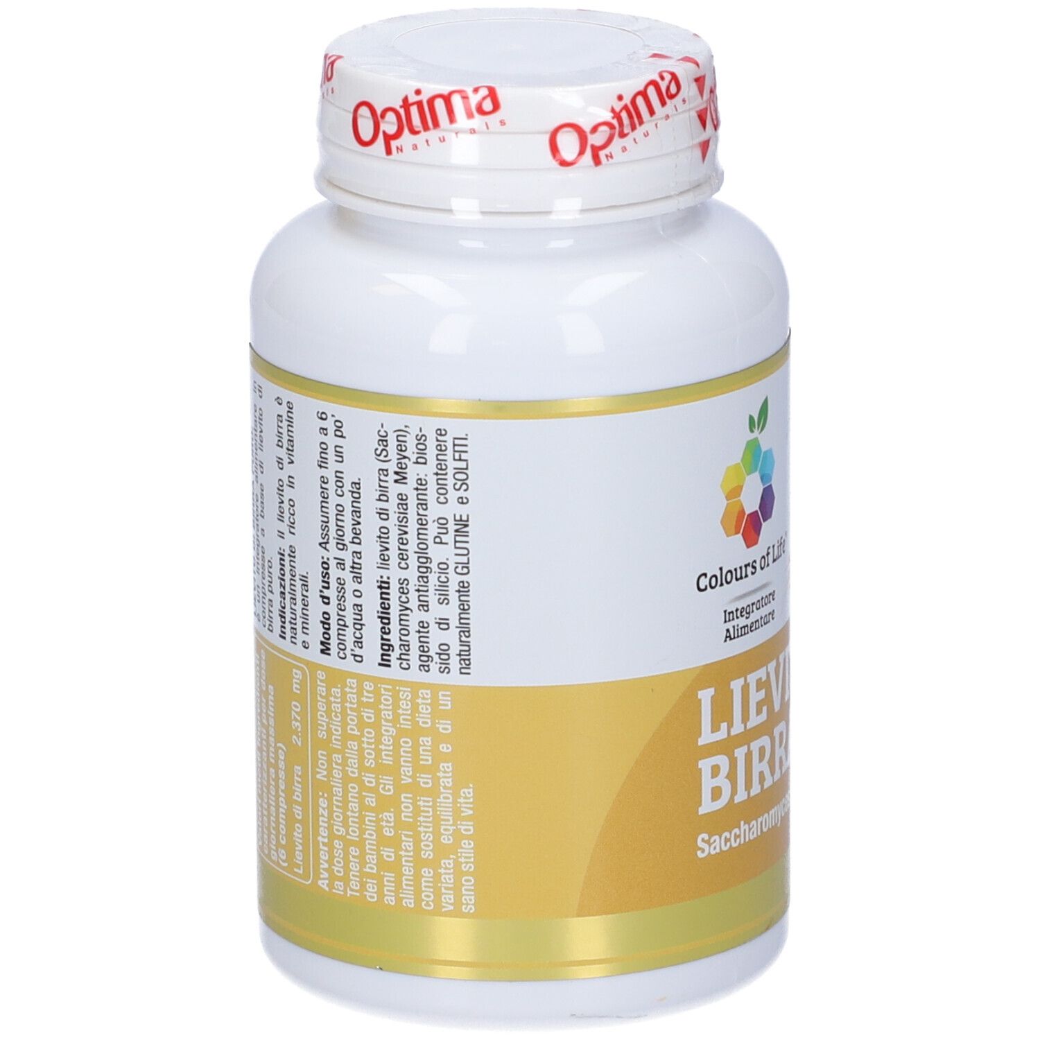 Weißes Tablettenfläschchen, Rückseite mit gelbem Etikett. Text: Inhaltsstoffe, Gebrauchsanweisung, Warnhinweise. Farben des Logos.