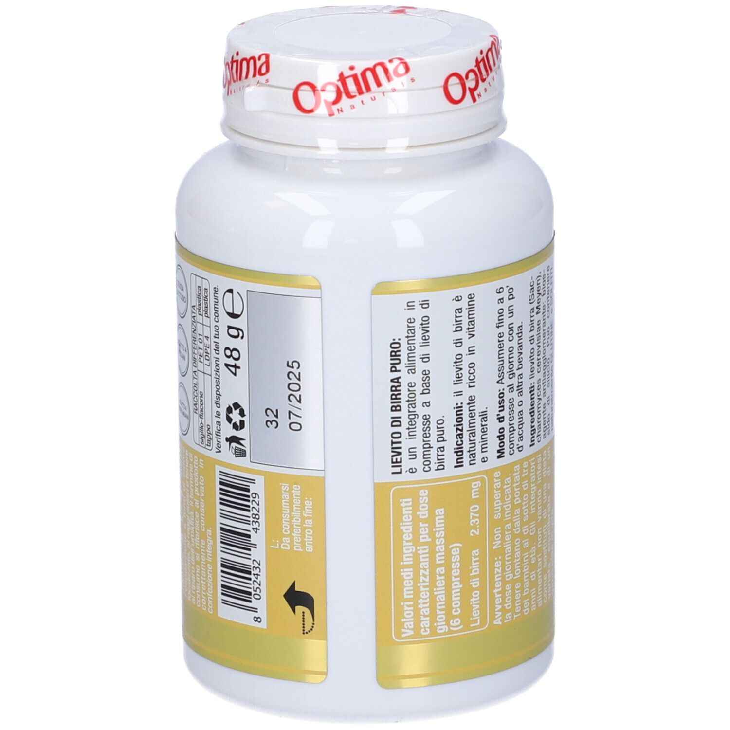 Rückseite des weißen Tablettenfläschchens mit gelbem Etikett. Text: Inhaltsstoffe, Mindesthaltbarkeitsdatum, Gewicht 48g.