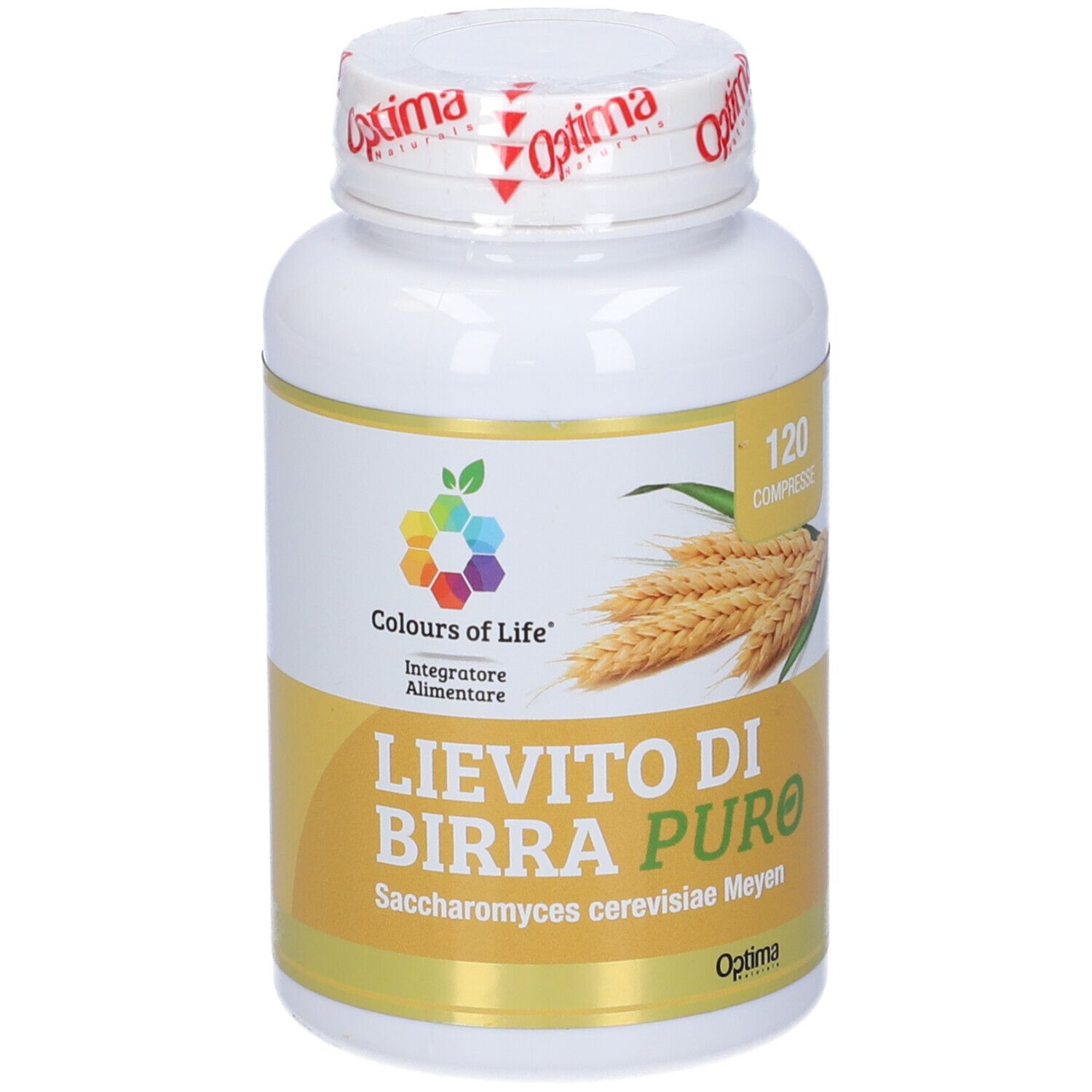 Weißes Tablettenfläschchen mit gelbem Etikett. Aufschrift: Lievito Di Birra Puro, 120 Compresse. Optima-Logo.
