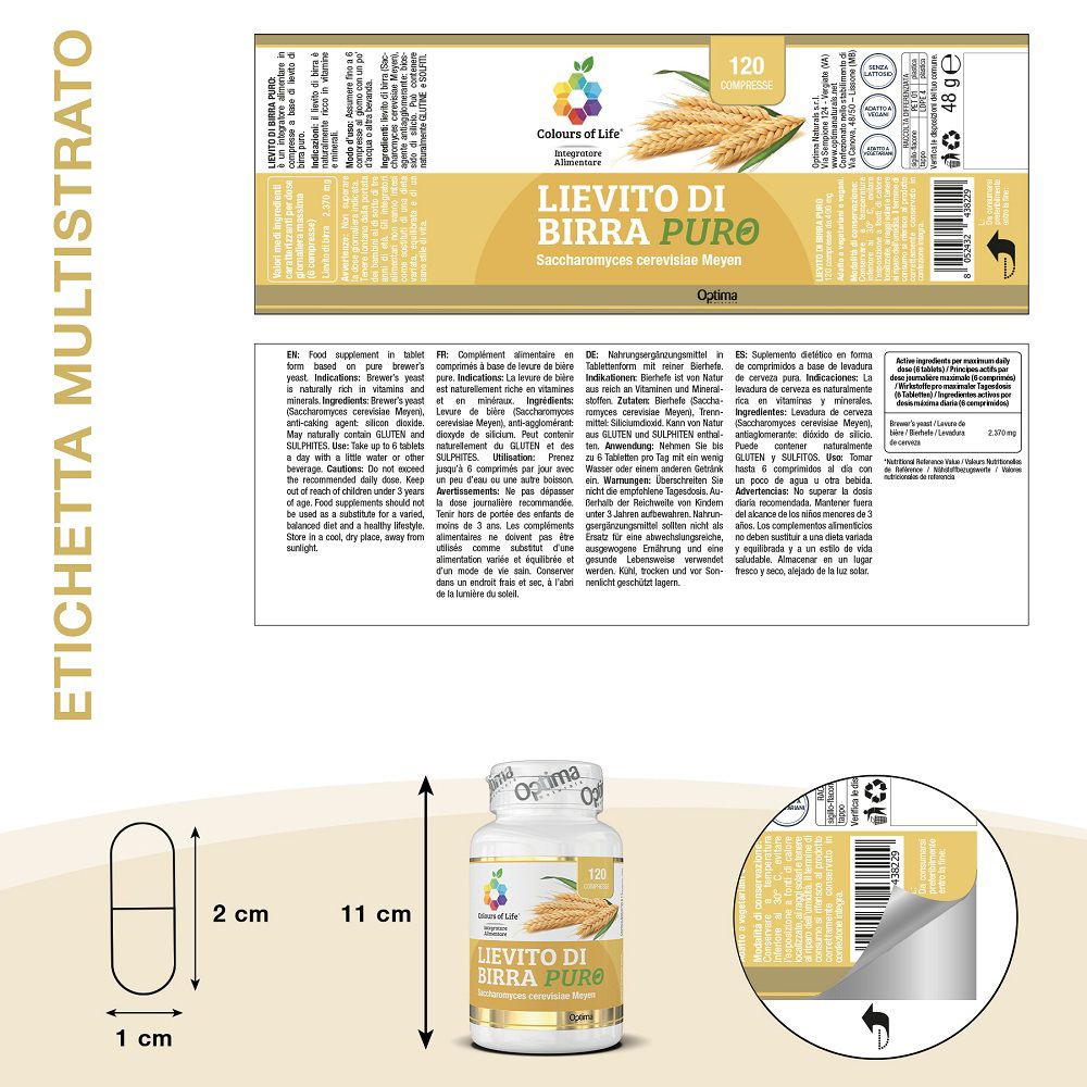 Etikett und Verpackungsdetails für Bierhefe-Tabletten.