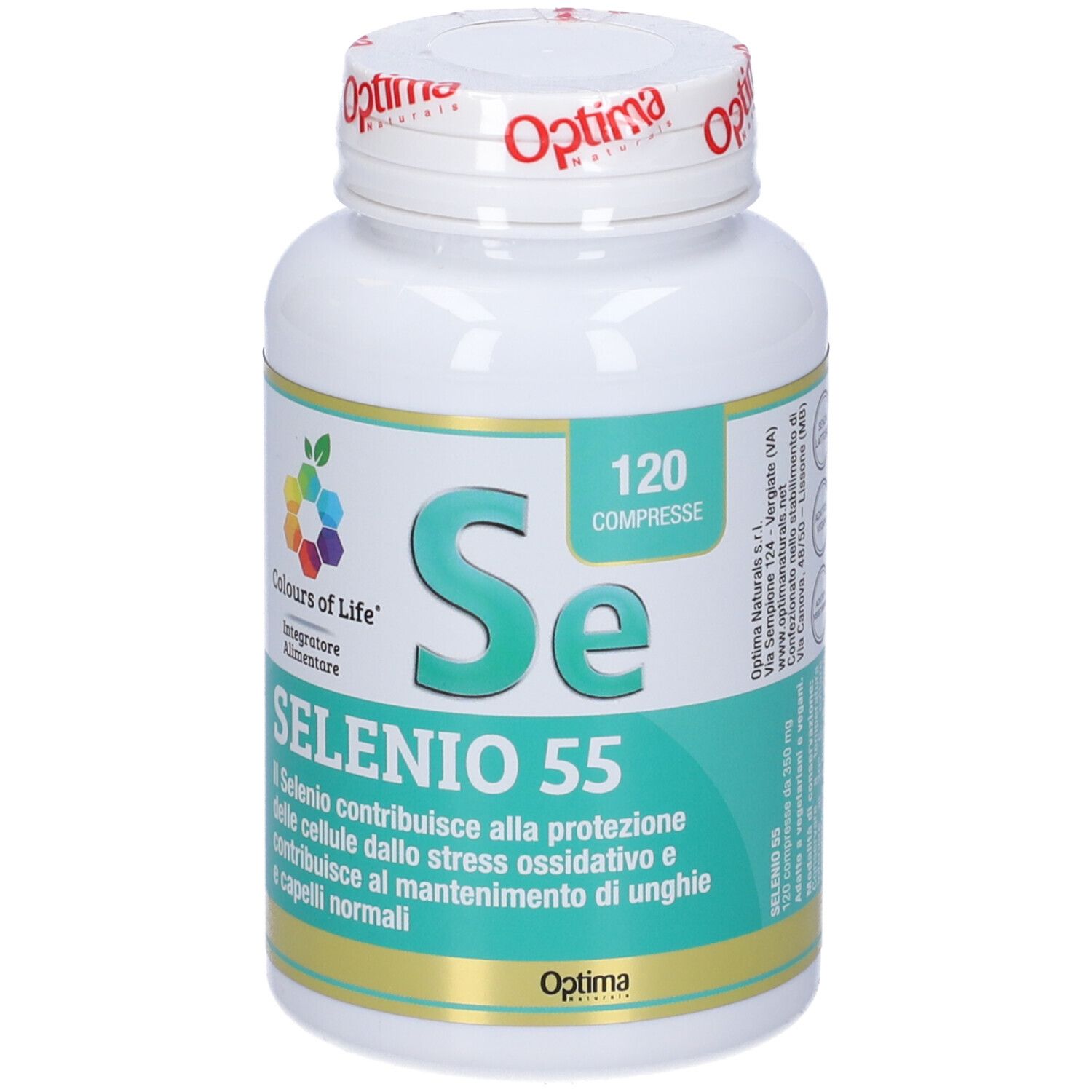 Weiße Flasche Selenio 55 mit 120 Tabletten. Aufschrift: Colours of Life. Optima-Logo auf dem Deckel.