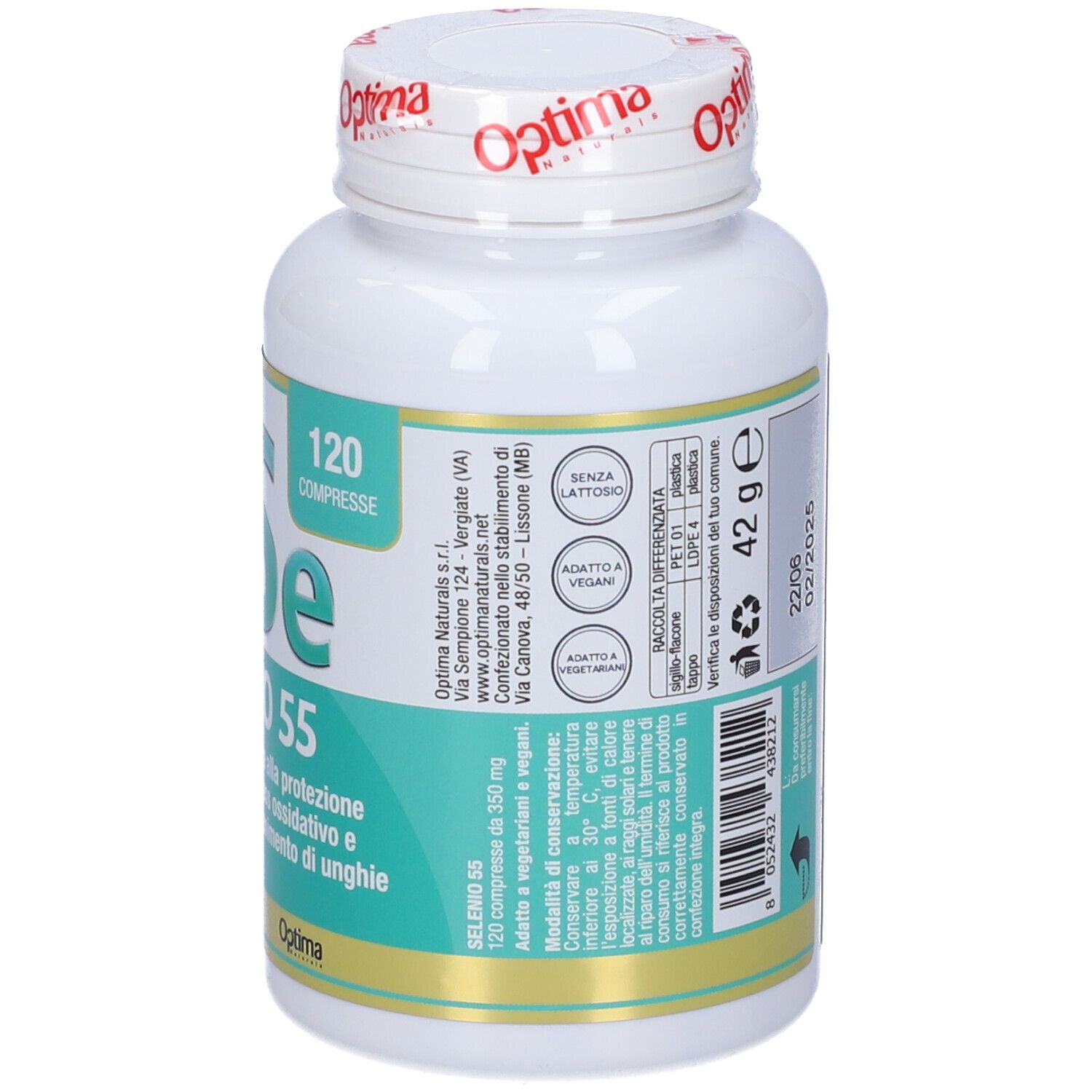 Rückseite der Selenio 55-Flasche mit 120 Tabletten. Informationen zu Inhaltsstoffen, Haltbarkeit und Hersteller. 42 g.