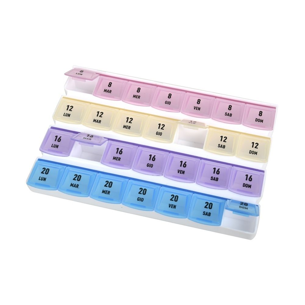 Portapillole Settimanale 7 Giorni X4 Dimensioni 19X13X2,8 Cm Scomparti A 4 Colori