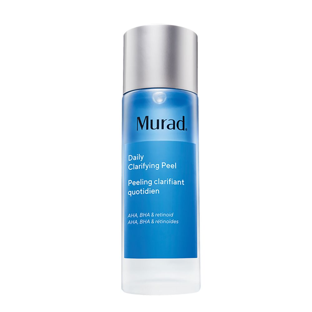 Murad Daily Clarifying Peel. Flasche mit blauem Inhalt und silbernem Deckel. Text: AHA, BHA & Retinoid.