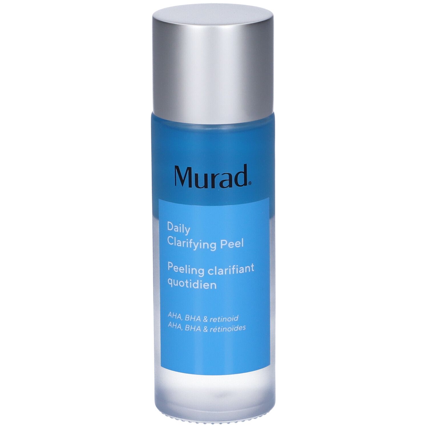 Murad Daily Clarifying Peel. Flasche mit blauem Inhalt und silbernem Deckel. Text: AHA, BHA & Retinoid.