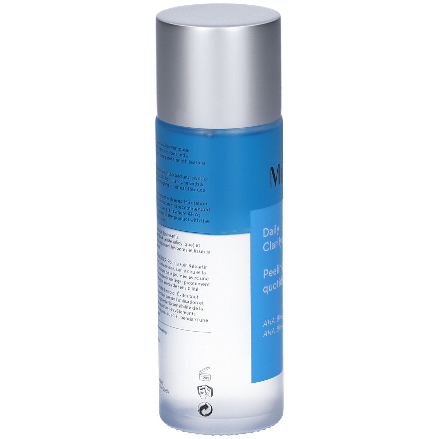 Murad Daily Clarifying Peel. Flasche mit blauem Inhalt und silbernem Deckel. Rückseite mit Text.