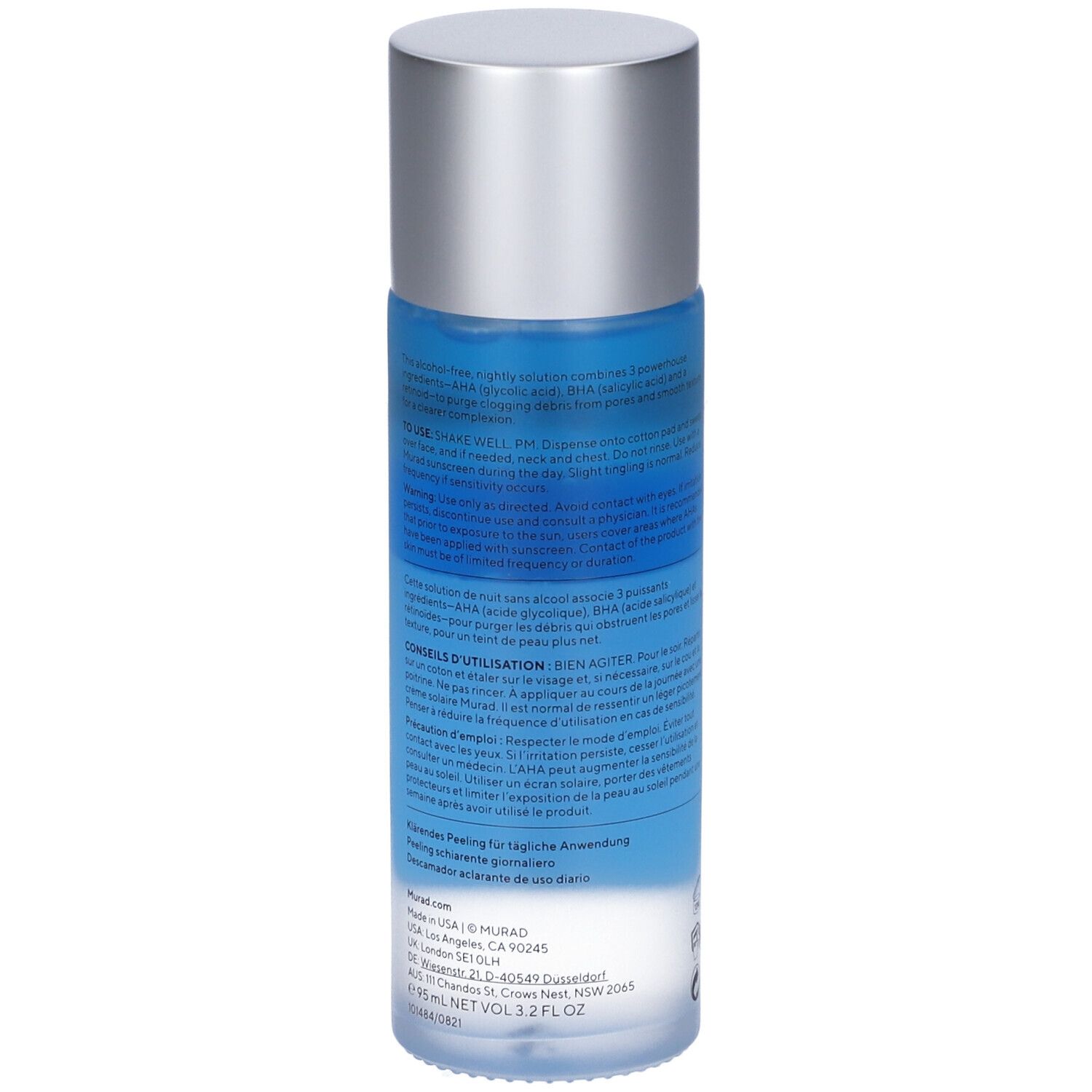 Murad Daily Clarifying Peel. Flasche mit blauem Inhalt und silbernem Deckel. Rückseite mit Text.