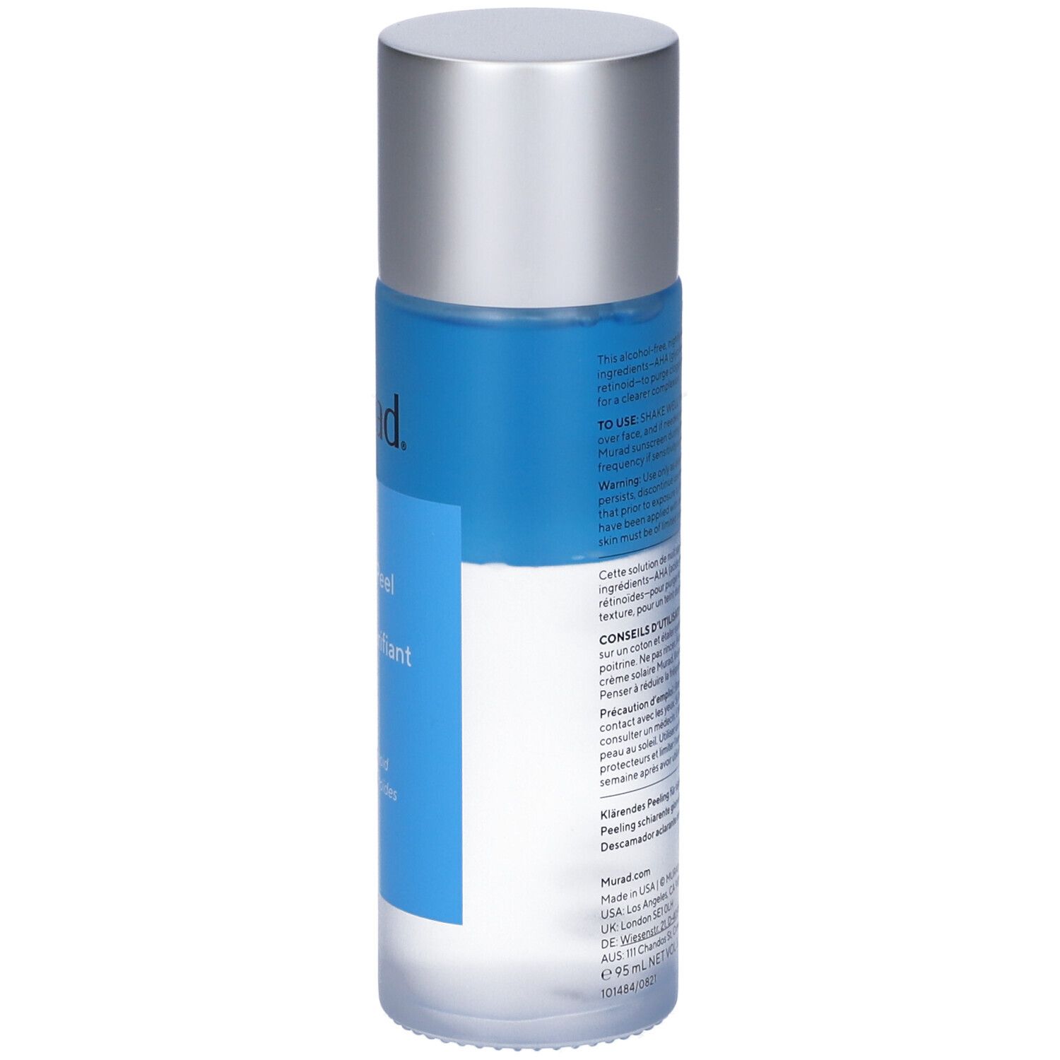 Murad Daily Clarifying Peel. Flasche mit blauem Inhalt und silbernem Deckel. Rückseite mit Text.