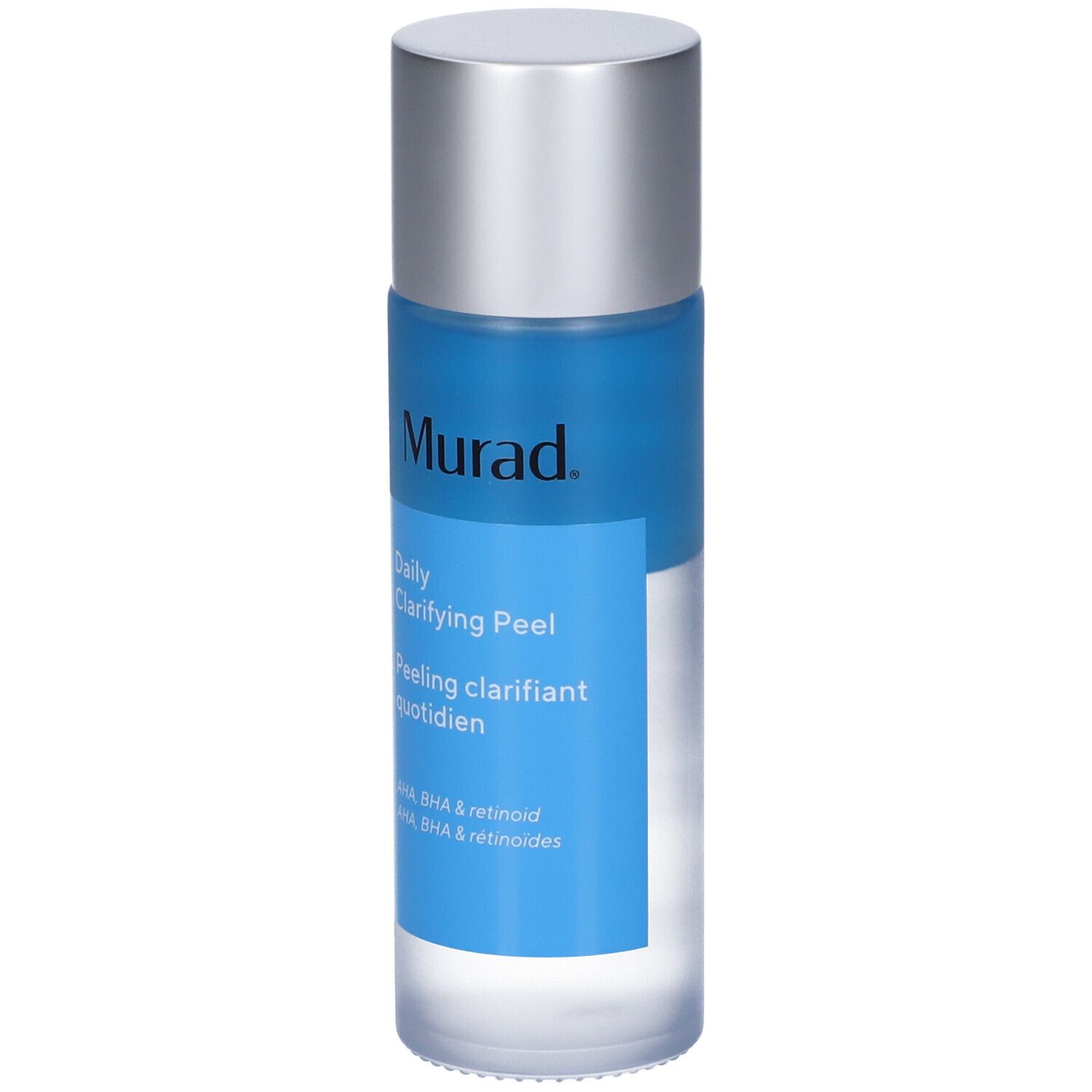Murad Daily Clarifying Peel. Flasche mit blauem Inhalt und silbernem Deckel. Text: AHA, BHA & Retinoid.