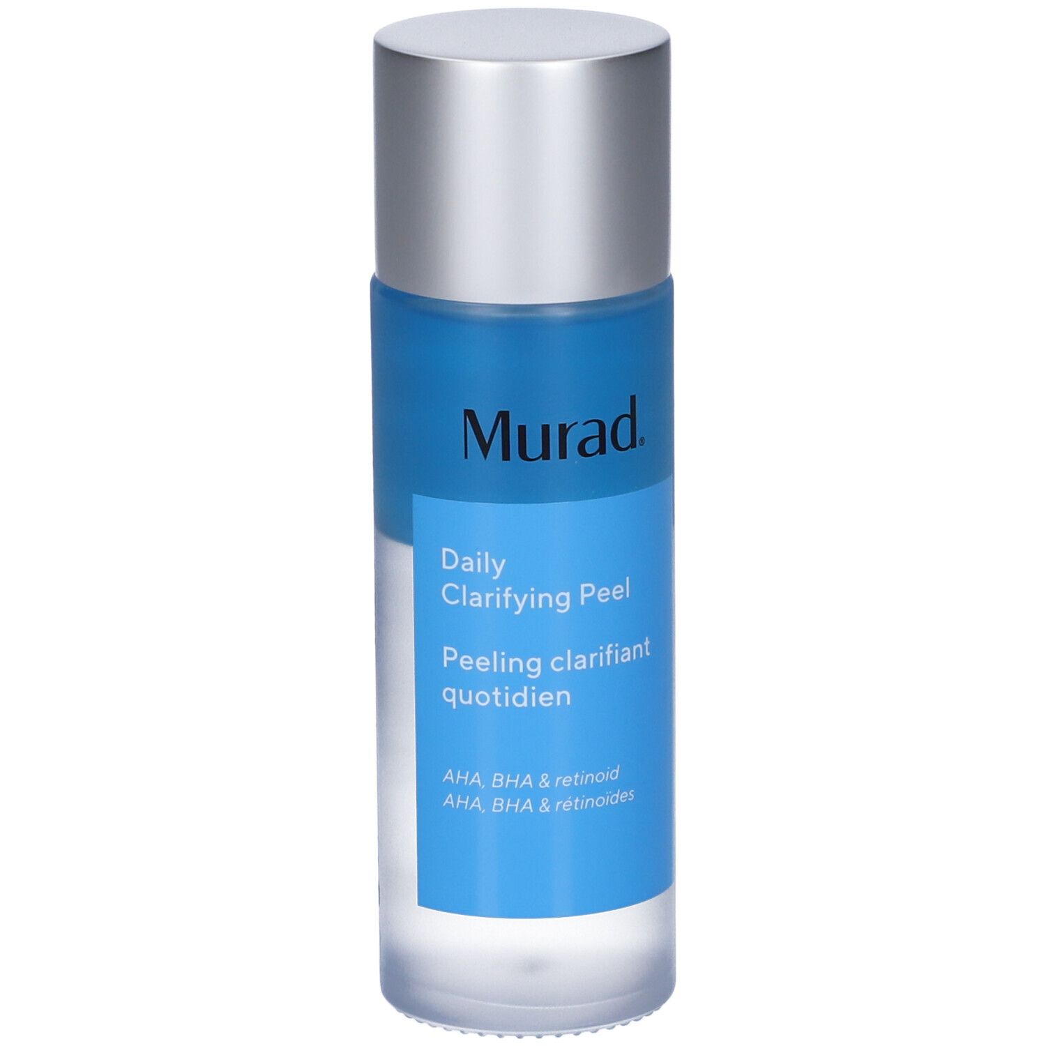 Murad Daily Clarifying Peel. Flasche mit blauem Inhalt und silbernem Deckel. Text: AHA, BHA & Retinoid.