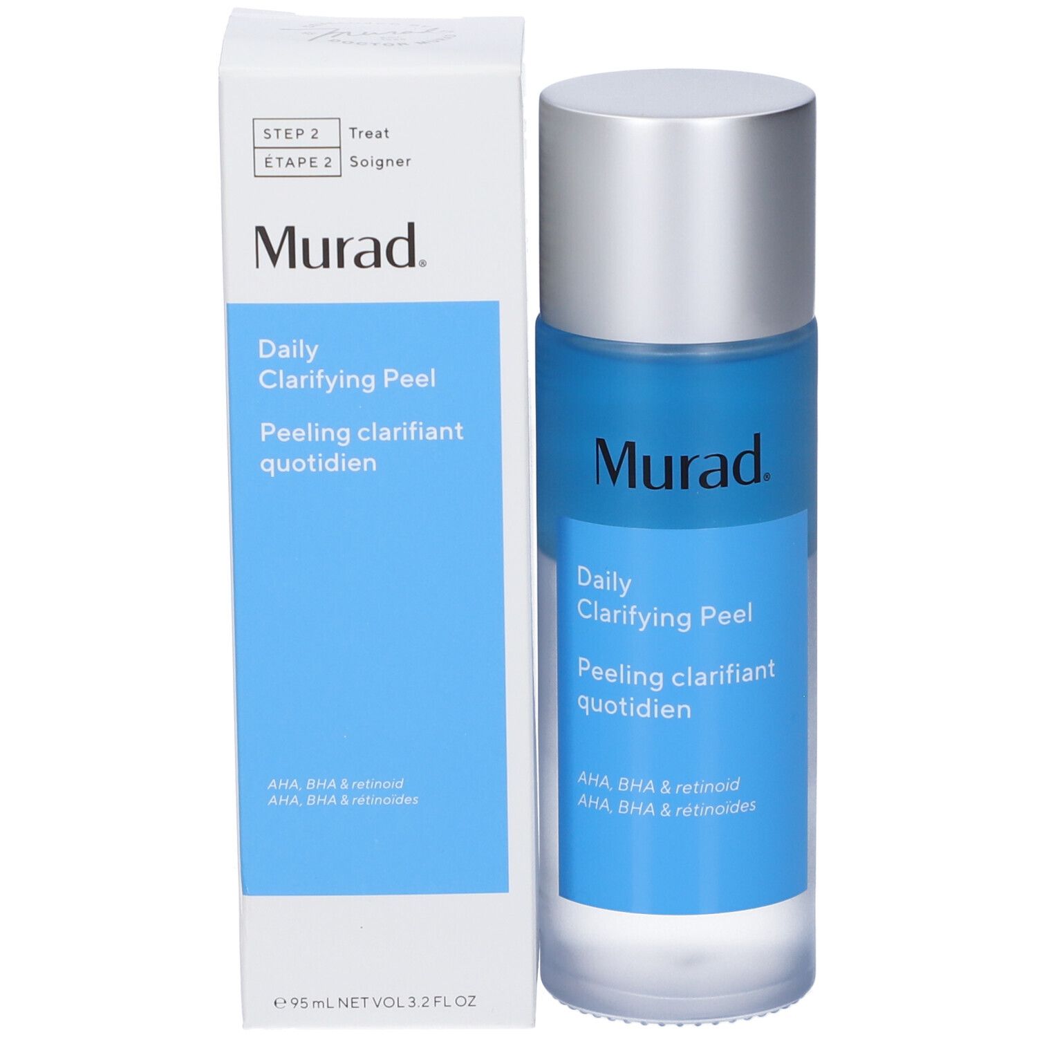 Murad Daily Clarifying Peel. Flasche und Verpackung. Text: AHA, BHA & Retinoid.