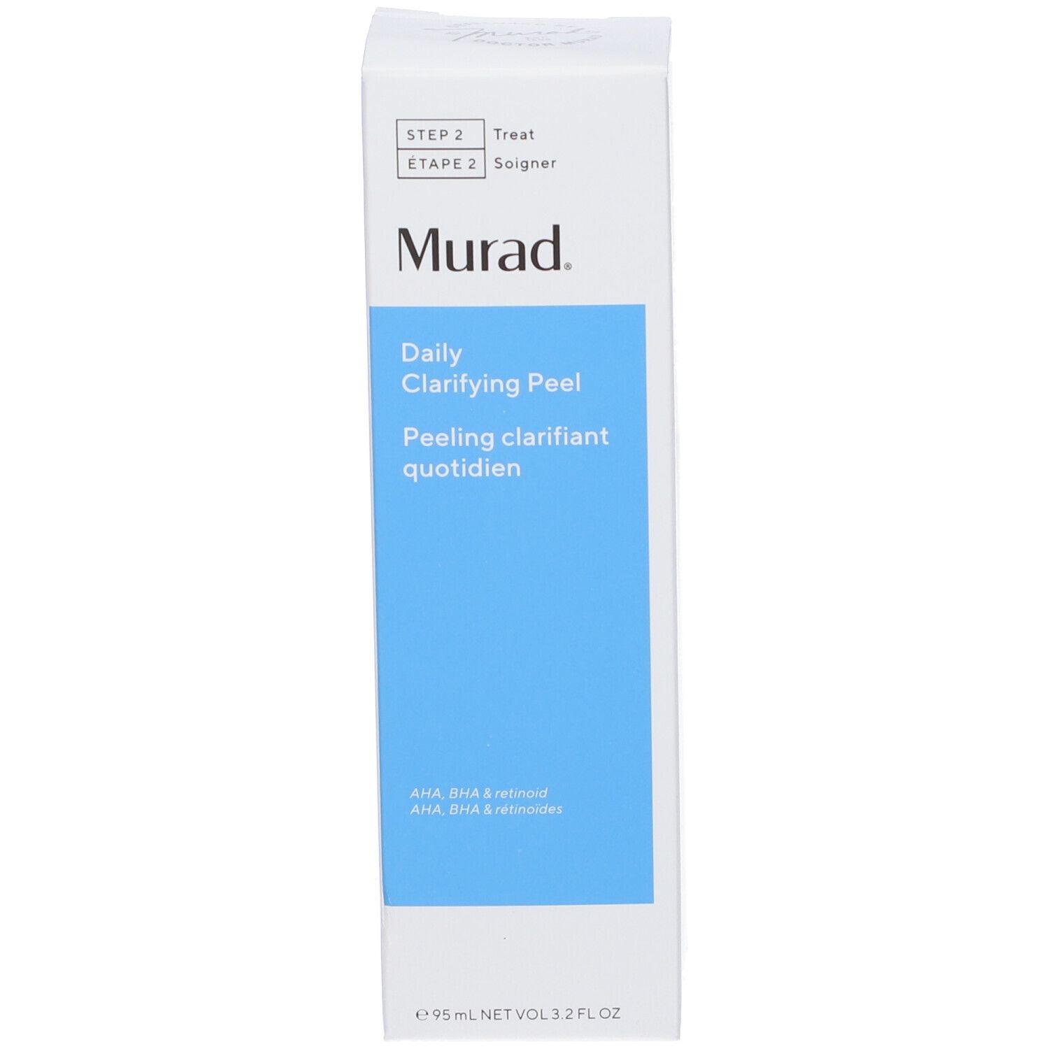 Murad Daily Clarifying Peel. Verpackung. Text: AHA, BHA & Retinoid.
