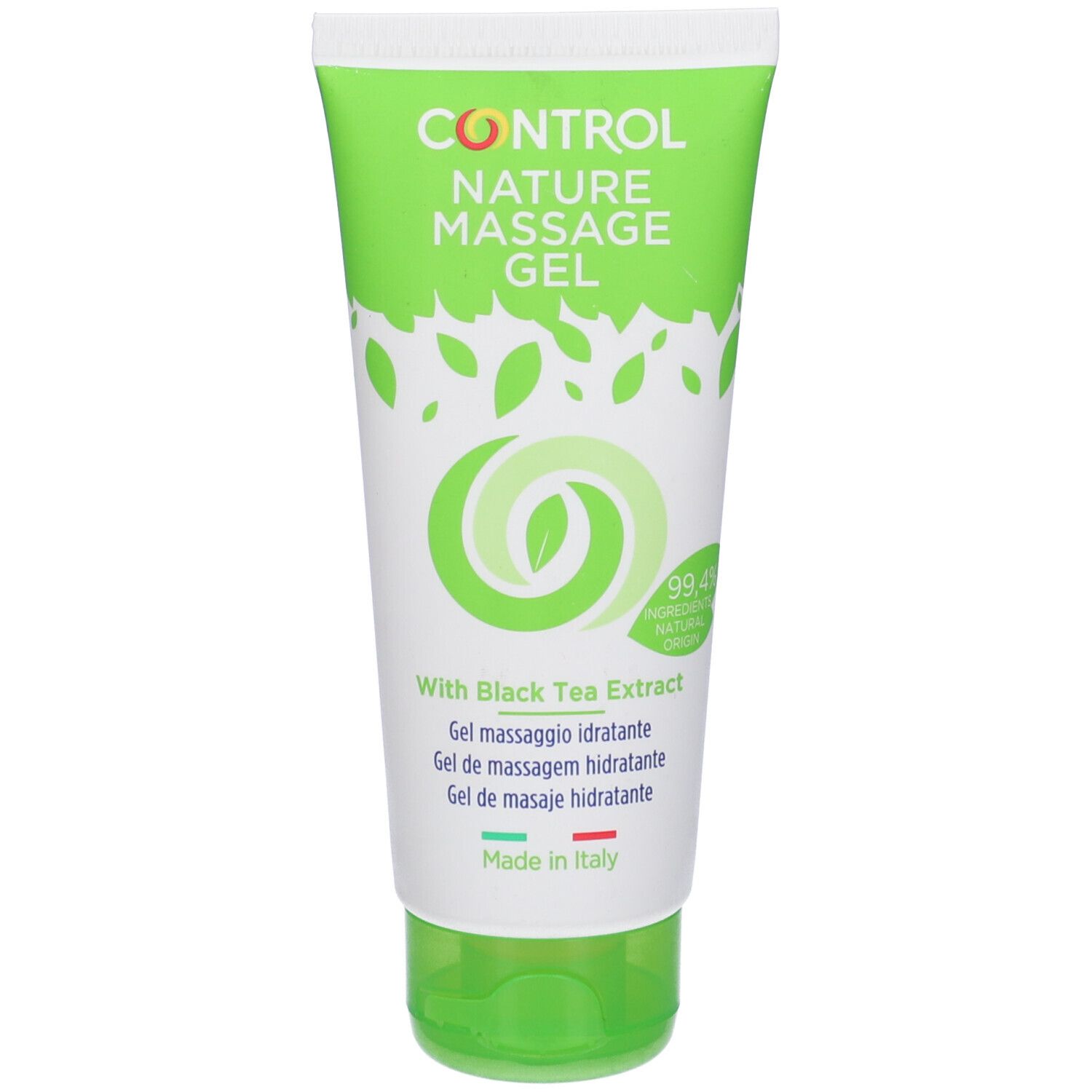 Tubo bianco e verde con scritta "CONTROL NATURE MASSAGE GEL". Contiene il 99,4% di origine naturale. "Made in Italy".