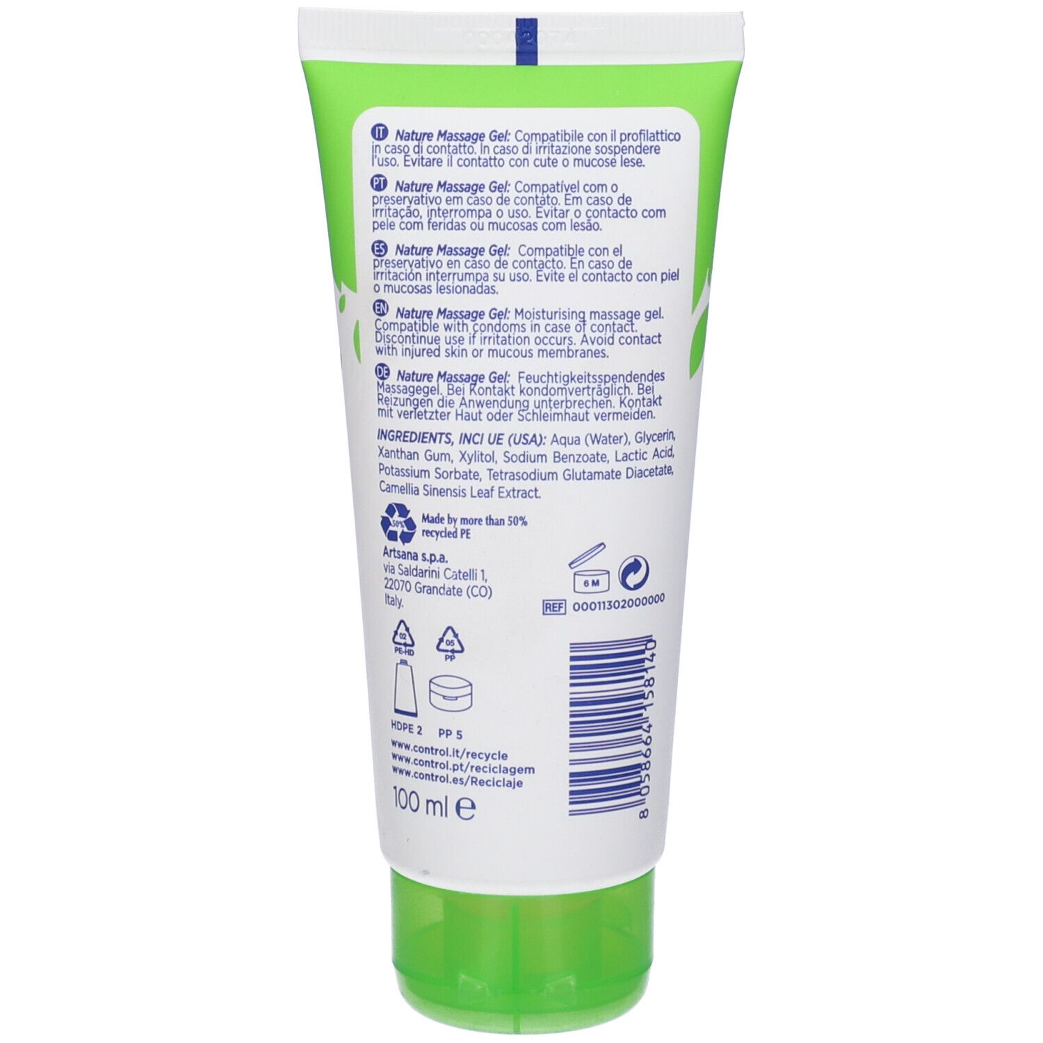 Retro del tubo con informazioni sul prodotto e ingredienti. Contiene 100 ml. Simbolo di riciclaggio e "Made by more than 30% recycled PET".