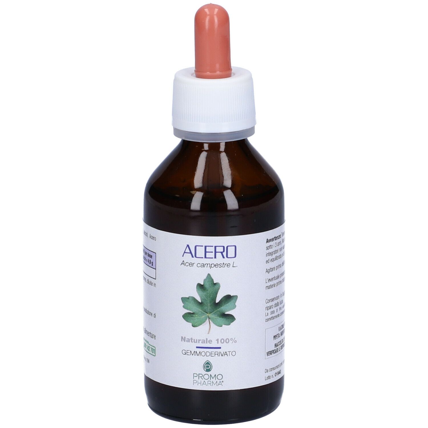 Flacone di vetro marrone con tappo bianco e contagocce. Scritta: ACERO, Gemmoderivato. Logo PromoPharma.