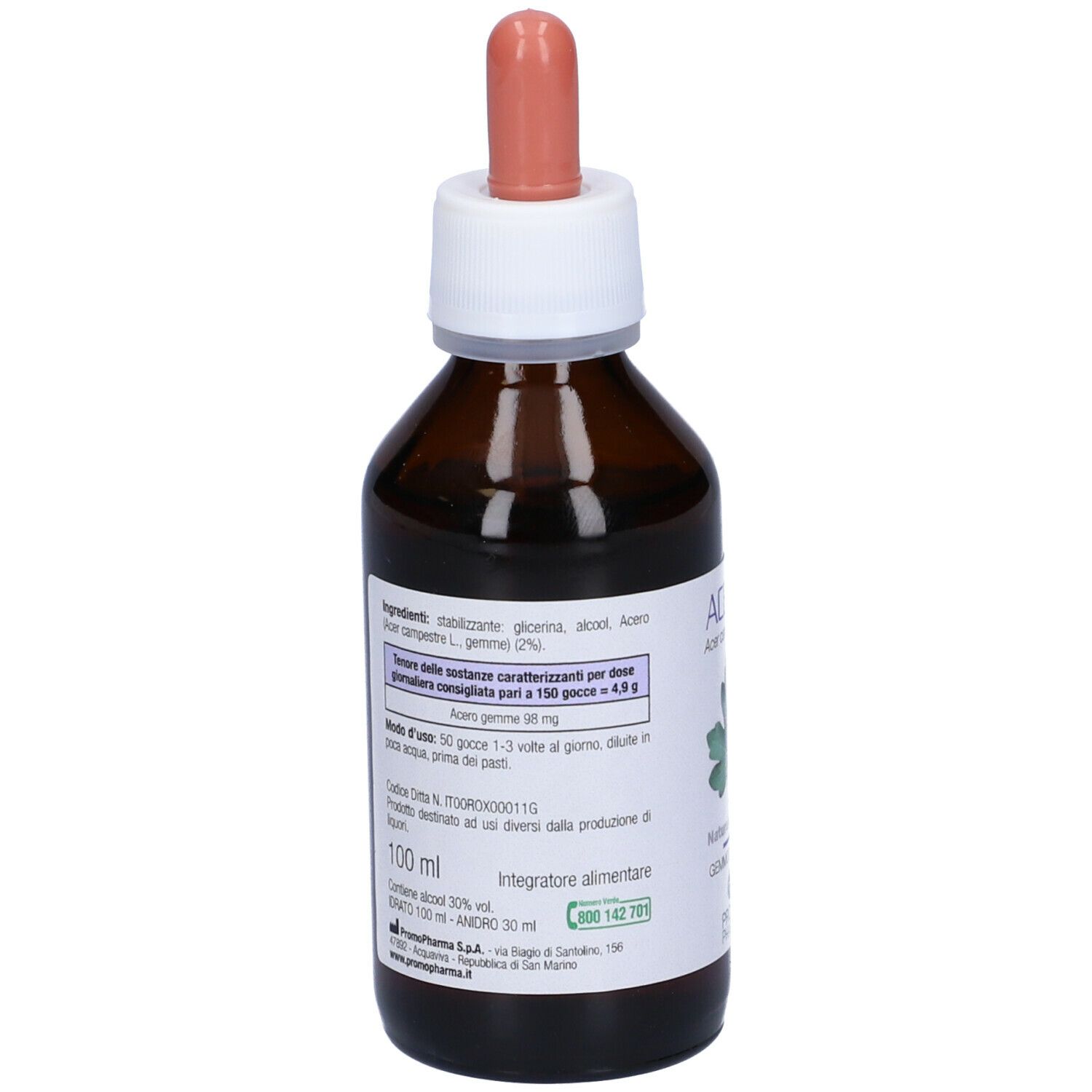 Flacone di vetro marrone con tappo bianco e contagocce. Retro con ingredienti e dosaggio. Volume: 100 ml.