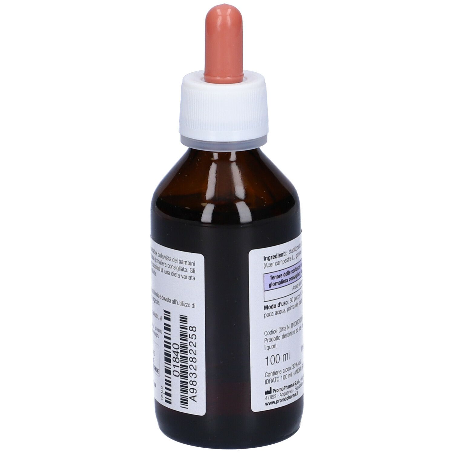 Flacone di vetro marrone con tappo bianco e contagocce. Retro con codice a barre e informazioni. Volume: 100 ml.