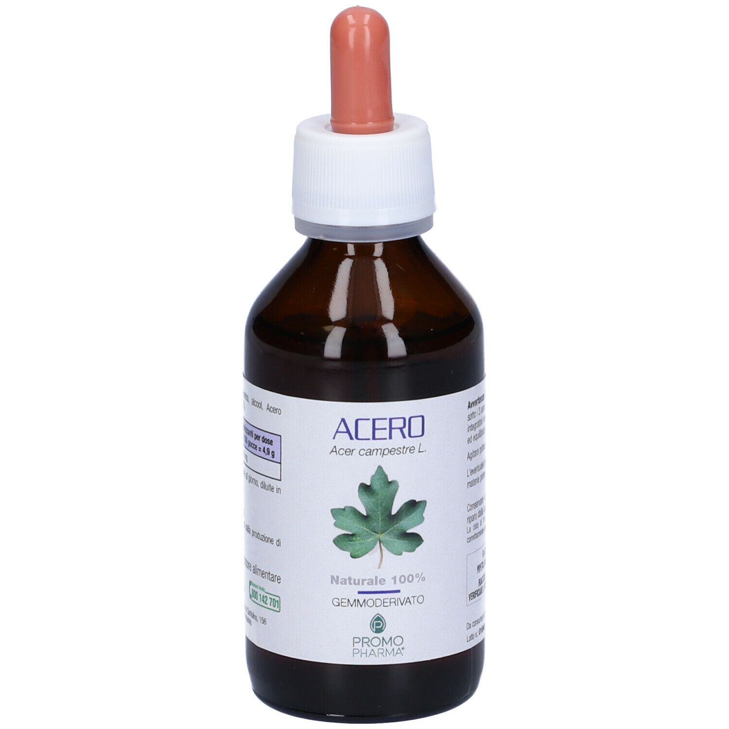 Flacone di vetro marrone con tappo bianco e contagocce. Scritta: ACERO, Gemmoderivato. Logo PromoPharma.