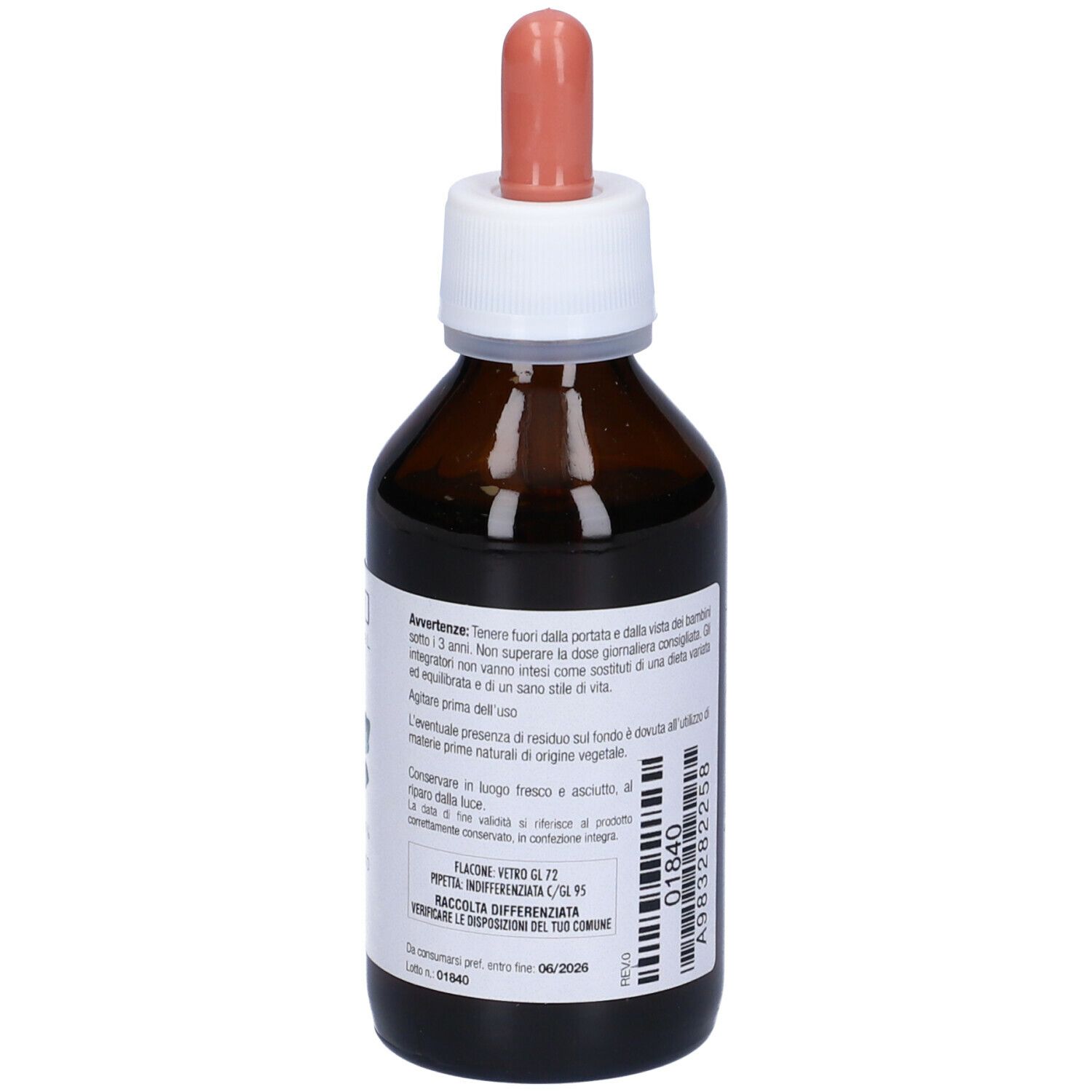 Flacone di vetro marrone con tappo bianco e contagocce. Avvertenze e informazioni. Volume: 100 ml.