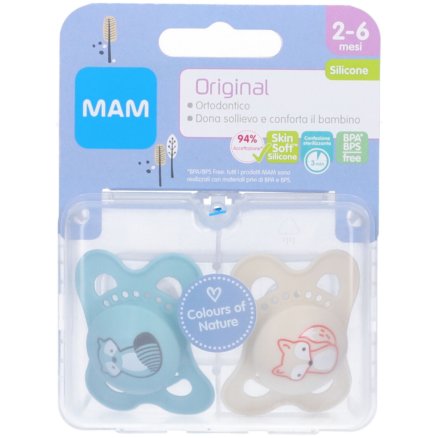 Due succhietti MAM Original 2-6 mesi in confezione blister. Blu e beige, tettarella in silicone.