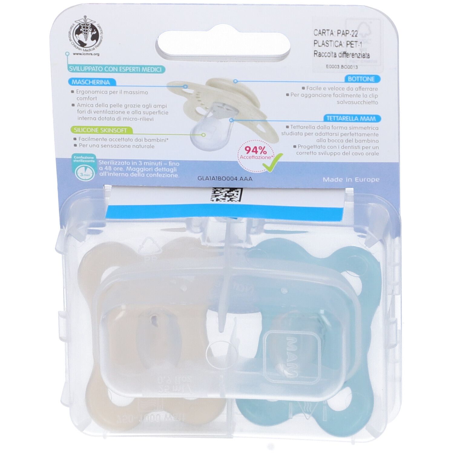 Due succhietti MAM Original 2-6 mesi in confezione blister. Blu e beige, tettarella in silicone. Informazioni sul retro.