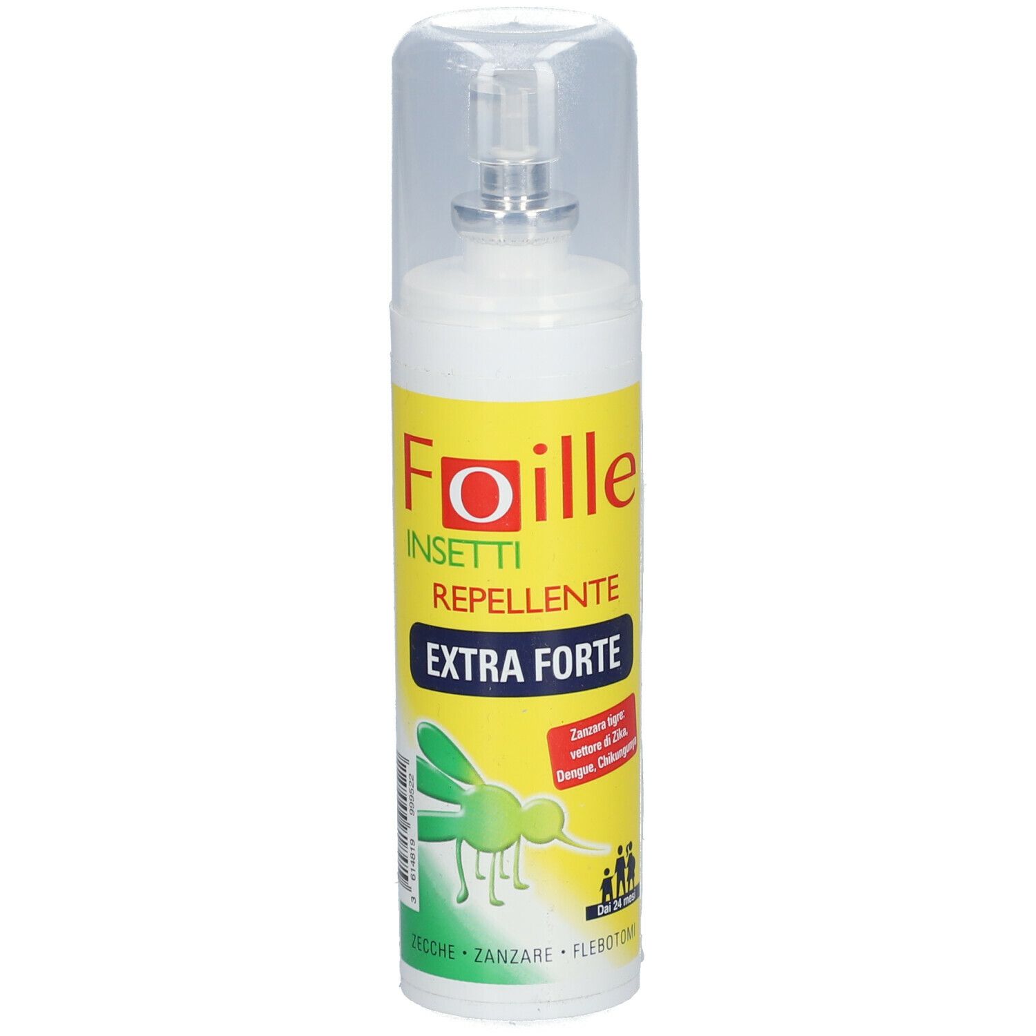 Spray bianco con etichetta gialla. Scritta: Foille Insetti Repellente Extra Forte. Tappo trasparente.