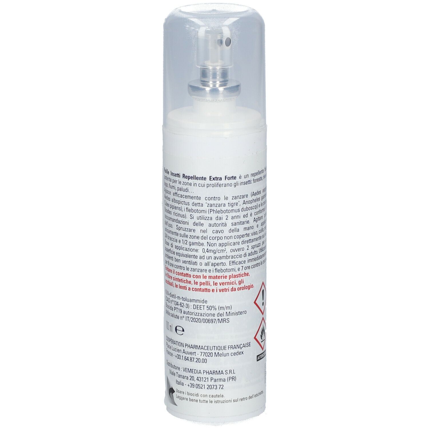 Spray bianco con etichetta gialla. Scritta: Foille Insetti Repellente Extra Forte. Tappo trasparente.