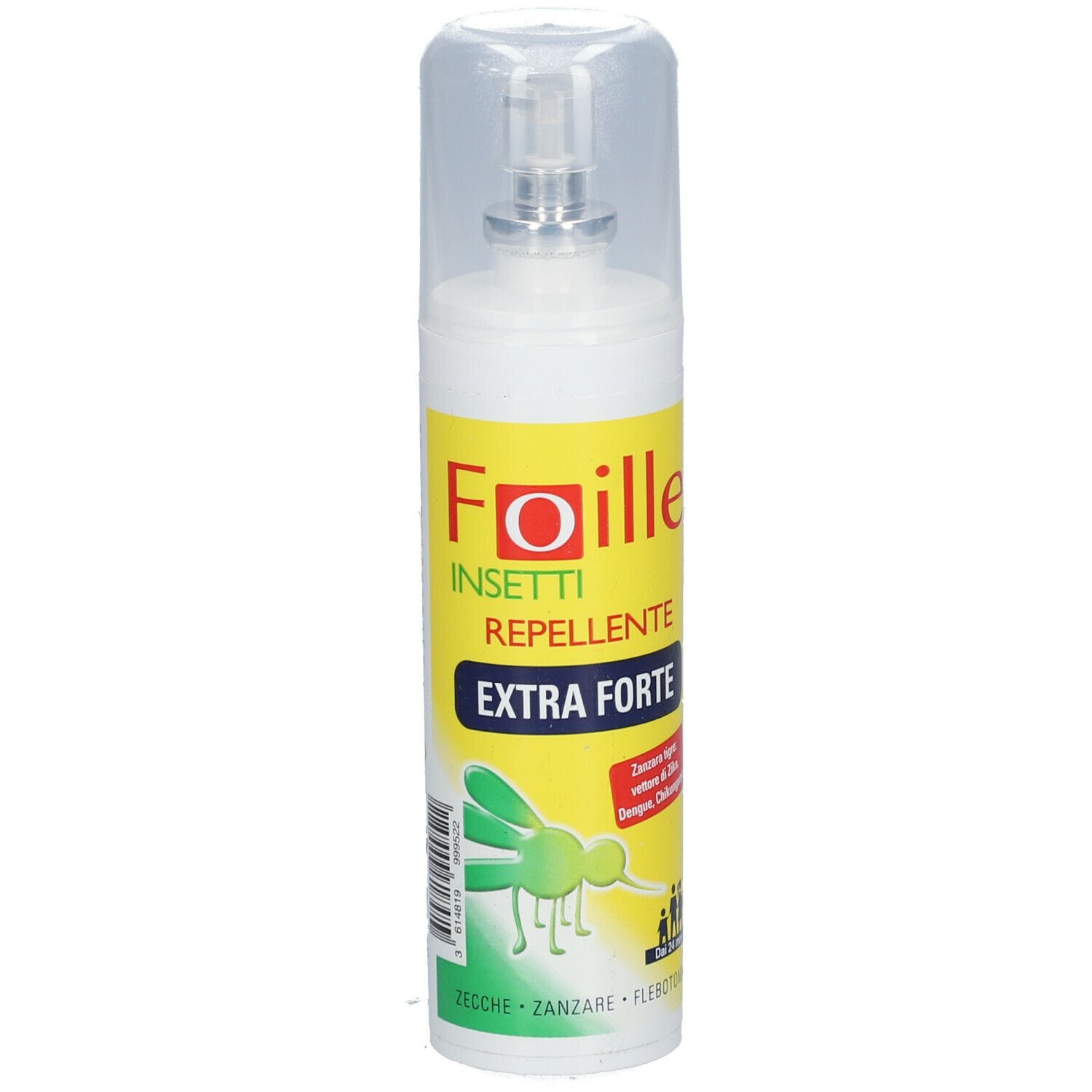 Spray bianco con etichetta gialla. Scritta: Foille Insetti Repellente Extra Forte. Tappo trasparente.