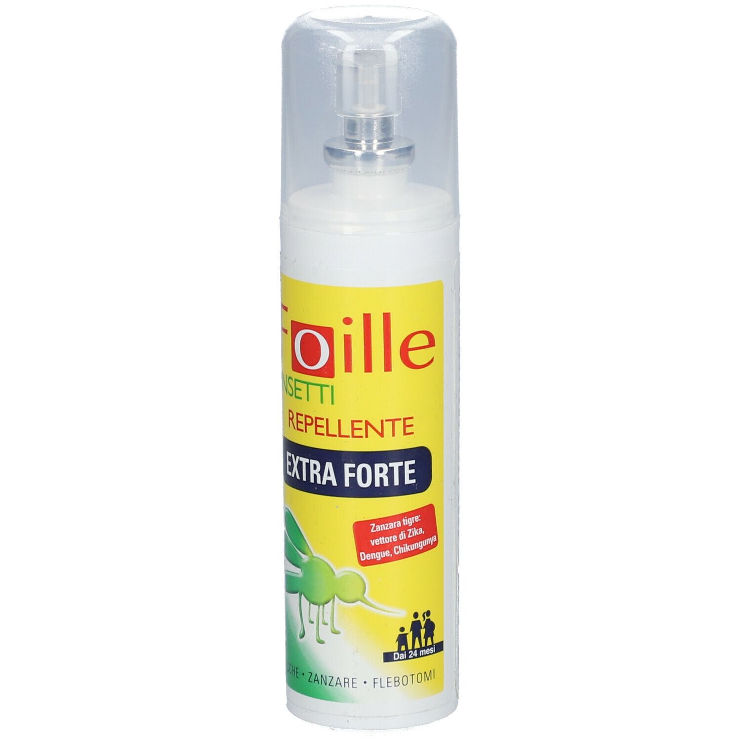Spray bianco con etichetta gialla. Scritta: Foille Insetti Repellente Extra Forte. Tappo trasparente.