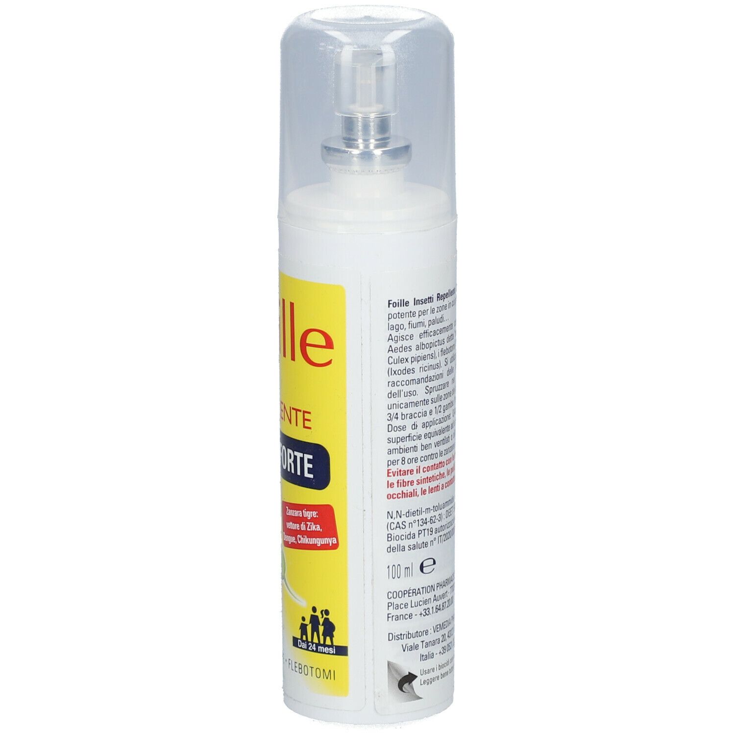 Spray bianco con etichetta gialla. Scritta: Foille Insetti Repellente Extra Forte. Tappo trasparente.