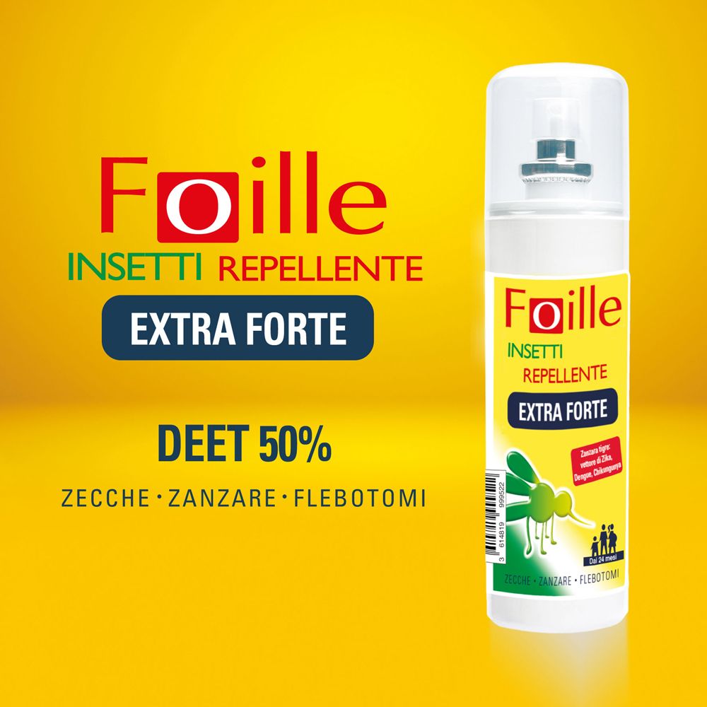Sfondo giallo con spray. Scritta: Foille Insetti Repellente Extra Forte. DEET 50%.