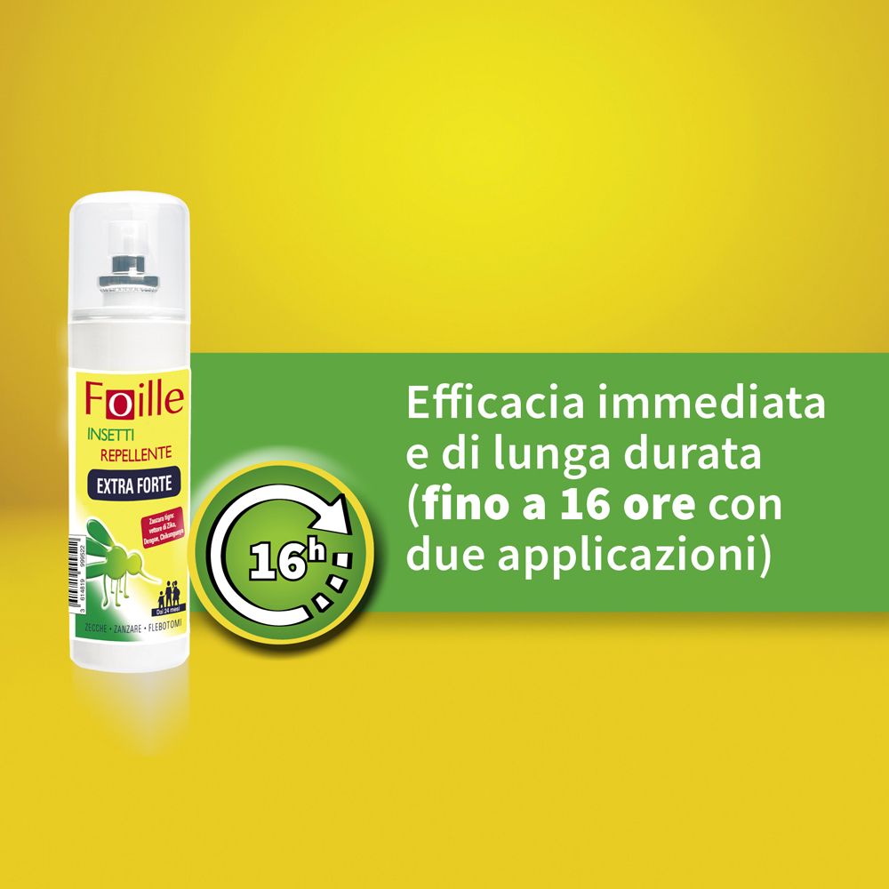Sfondo giallo con spray. Testo: Efficacia immediata e di lunga durata (fino a 16 ore).