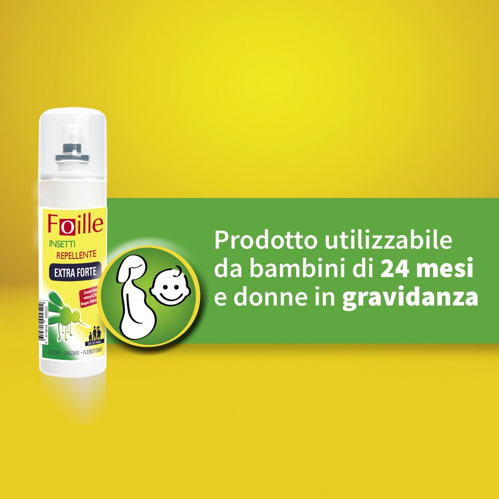 Sfondo giallo con spray. Testo: Prodotto utilizzabile da bambini di 24 mesi e donne in gravidanza.
