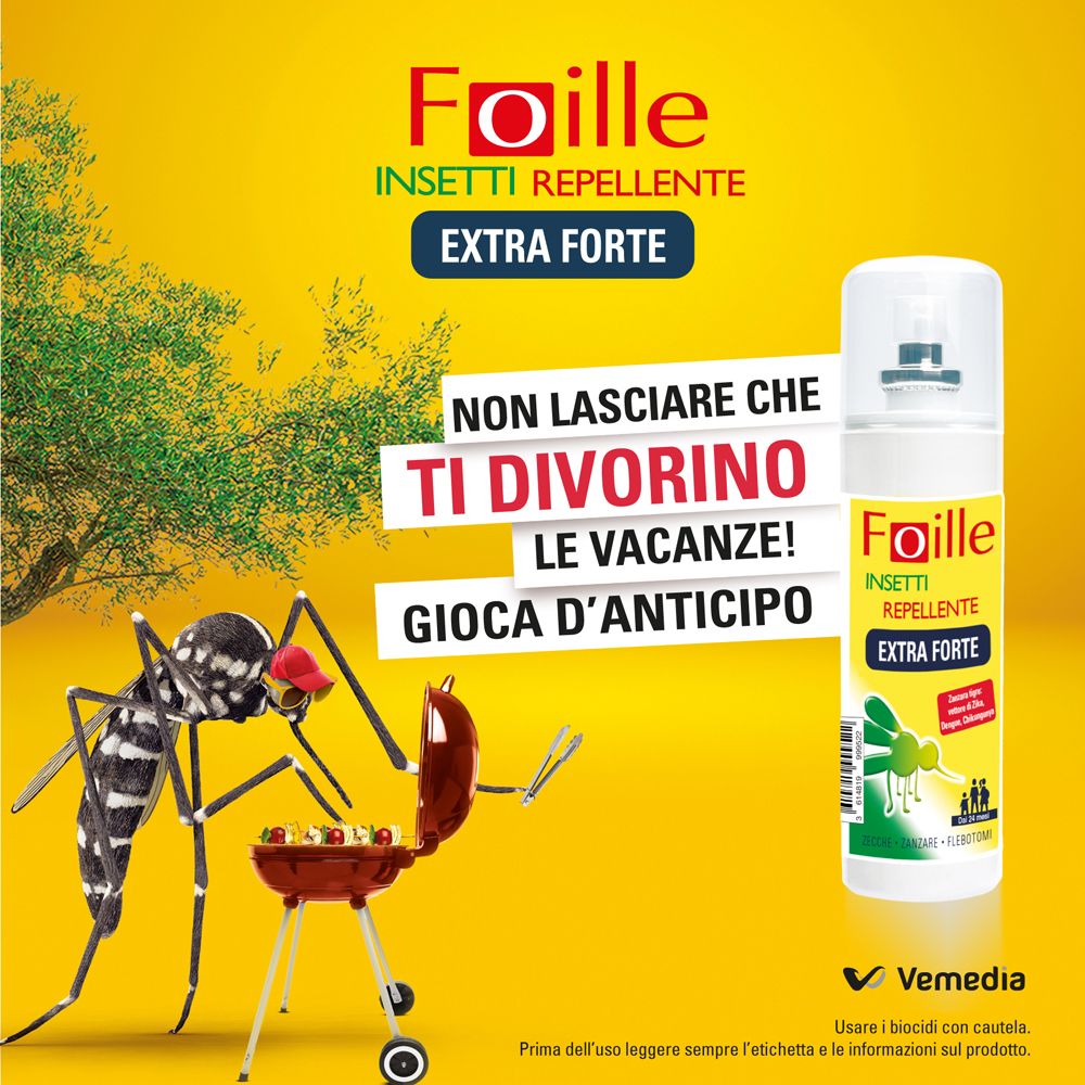 Sfondo giallo con spray e barbecue. Testo: Non lasciare che ti divorino le vacanze!