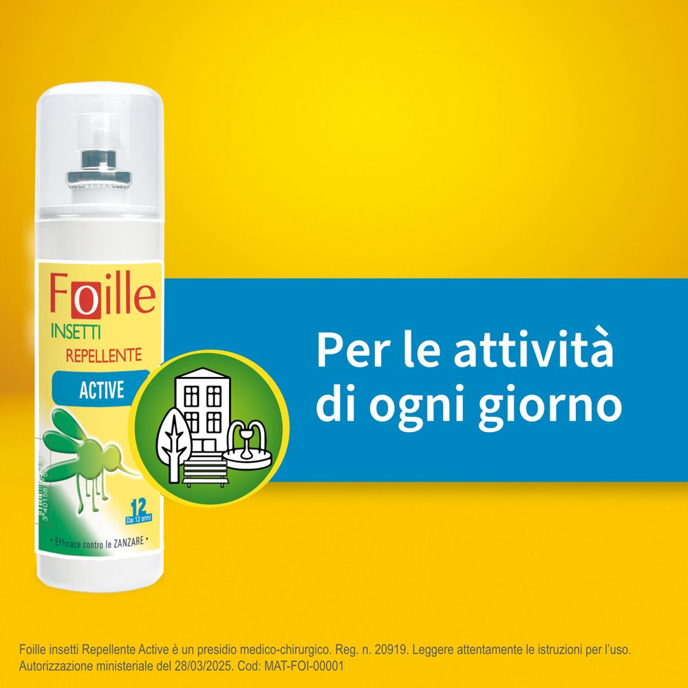 Werbung mit Foille Insetti Repellente Spray. Gelber Hintergrund. Text: Für den Alltag.