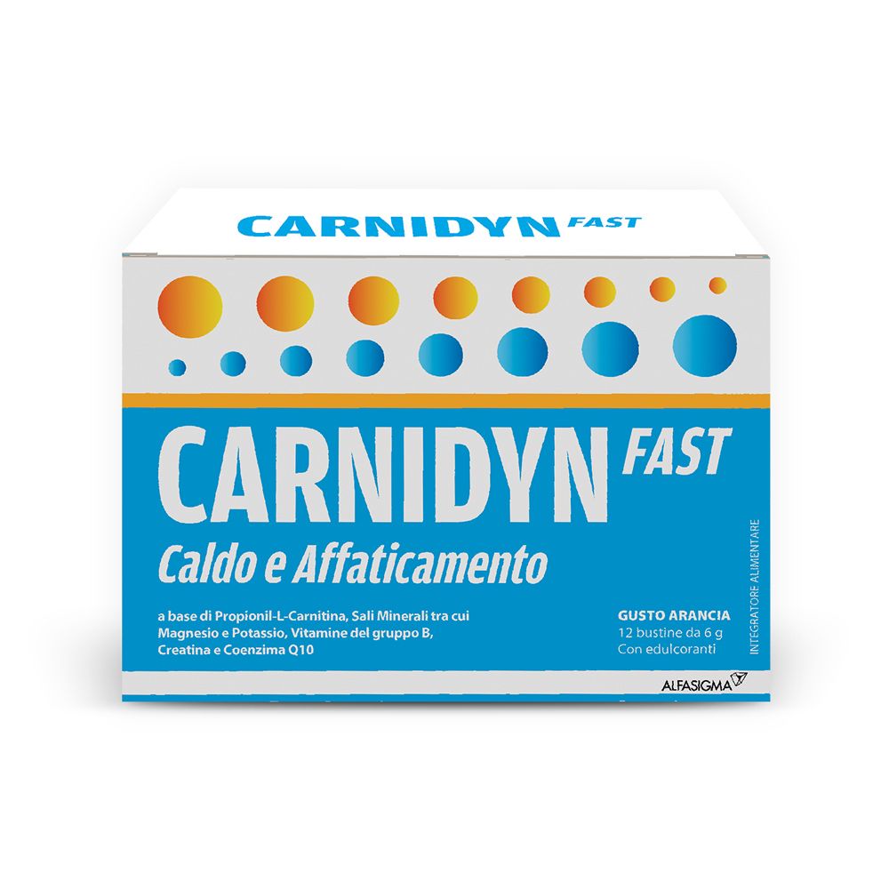 Confezione di Carnidyn Fast. Scatola bianca e blu con nome e ingredienti del prodotto.