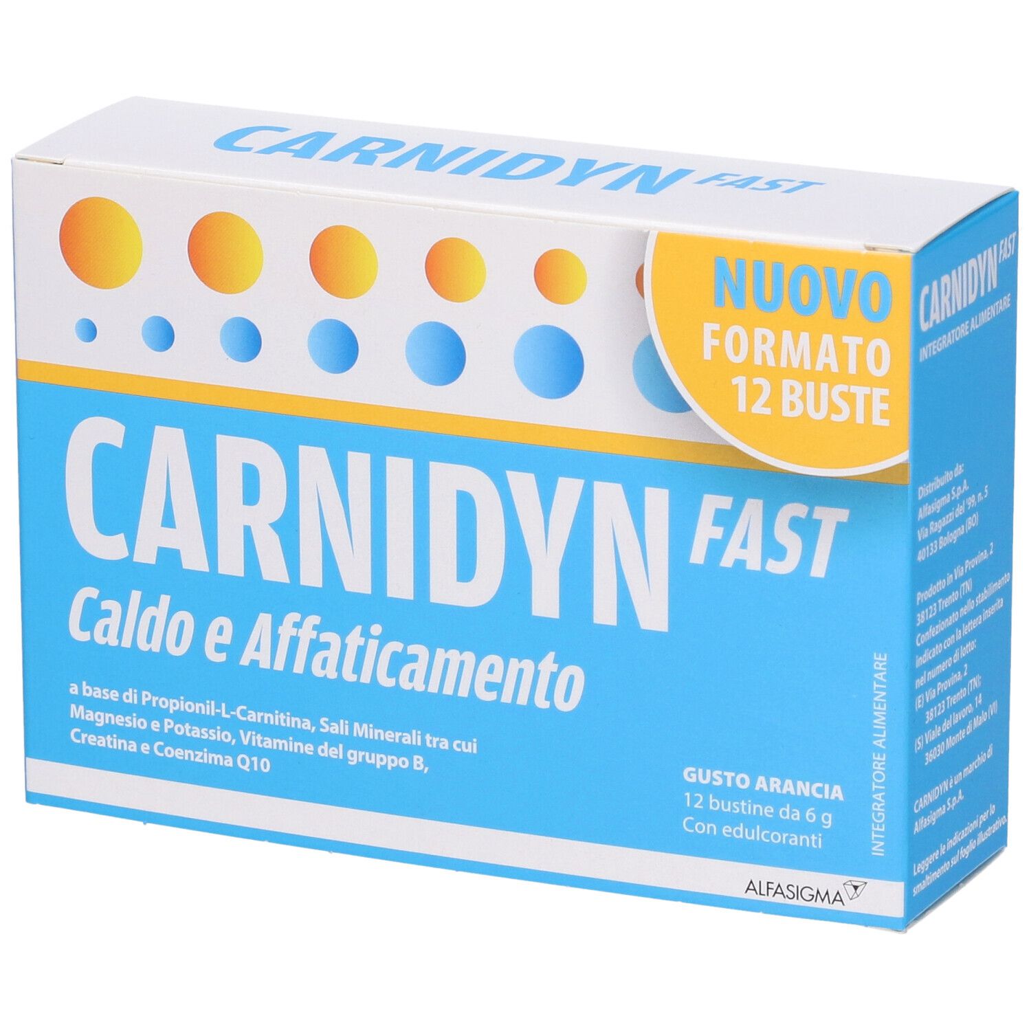 Confezione Carnidyn Fast. Scatola blu con nome e ingredienti del prodotto. Nuovo formato.