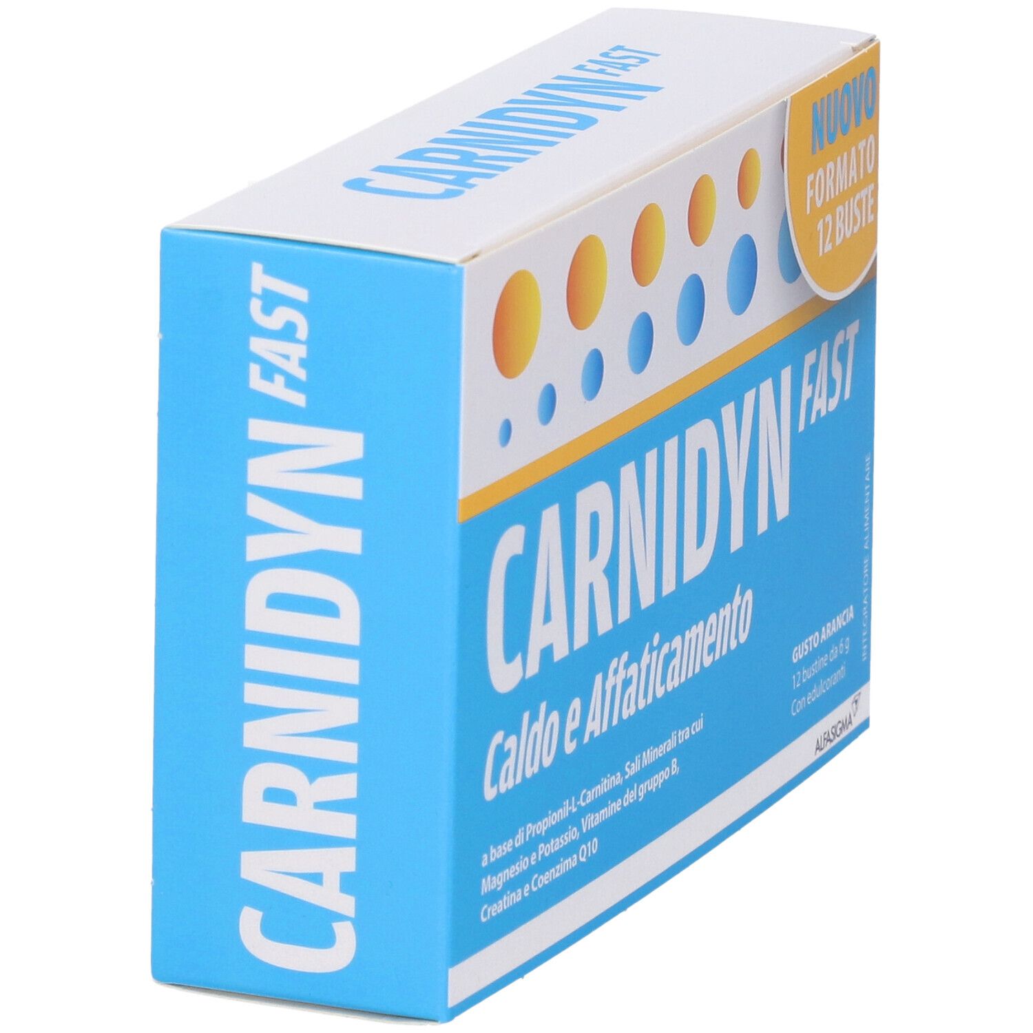 Confezione Carnidyn Fast. Scatola blu con nome e ingredienti del prodotto. Vista obliqua.