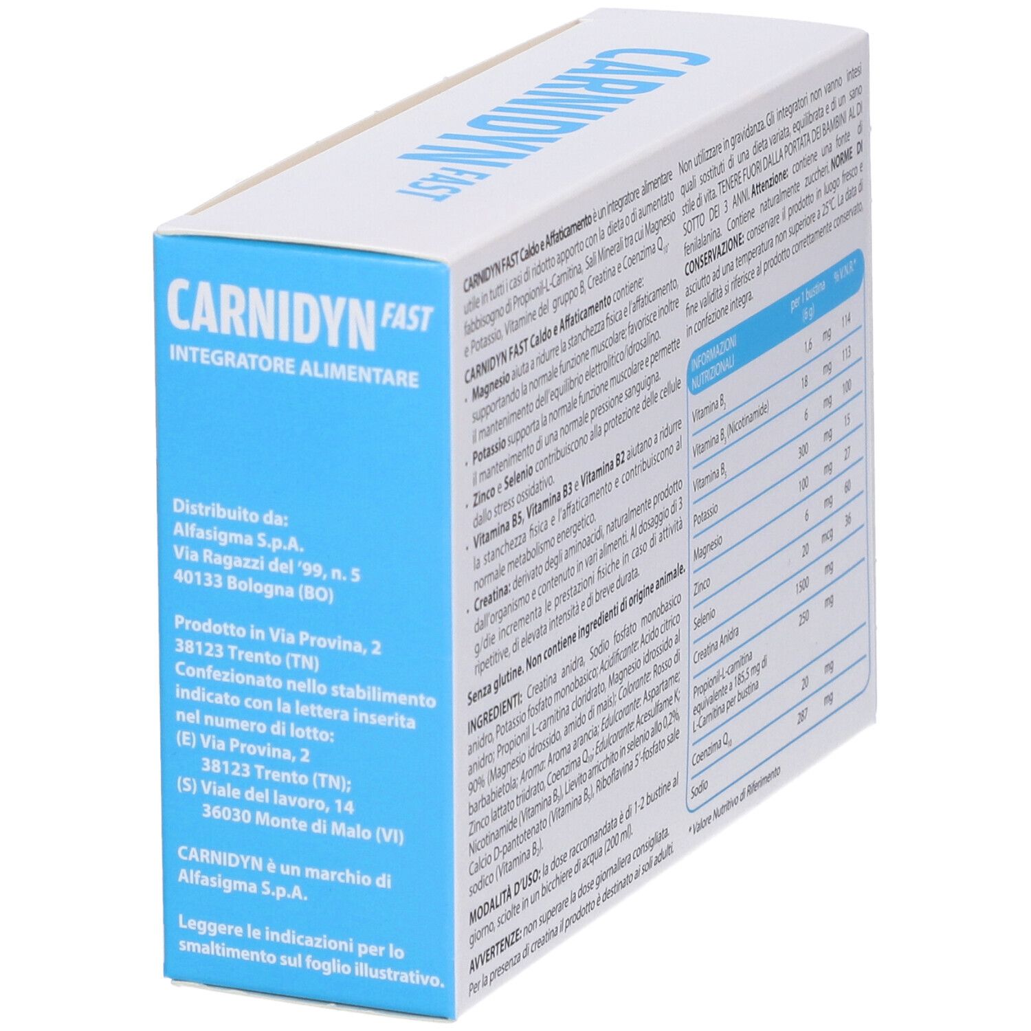 Lato della confezione Carnidyn Fast. Contiene informazioni sul produttore e la distribuzione.
