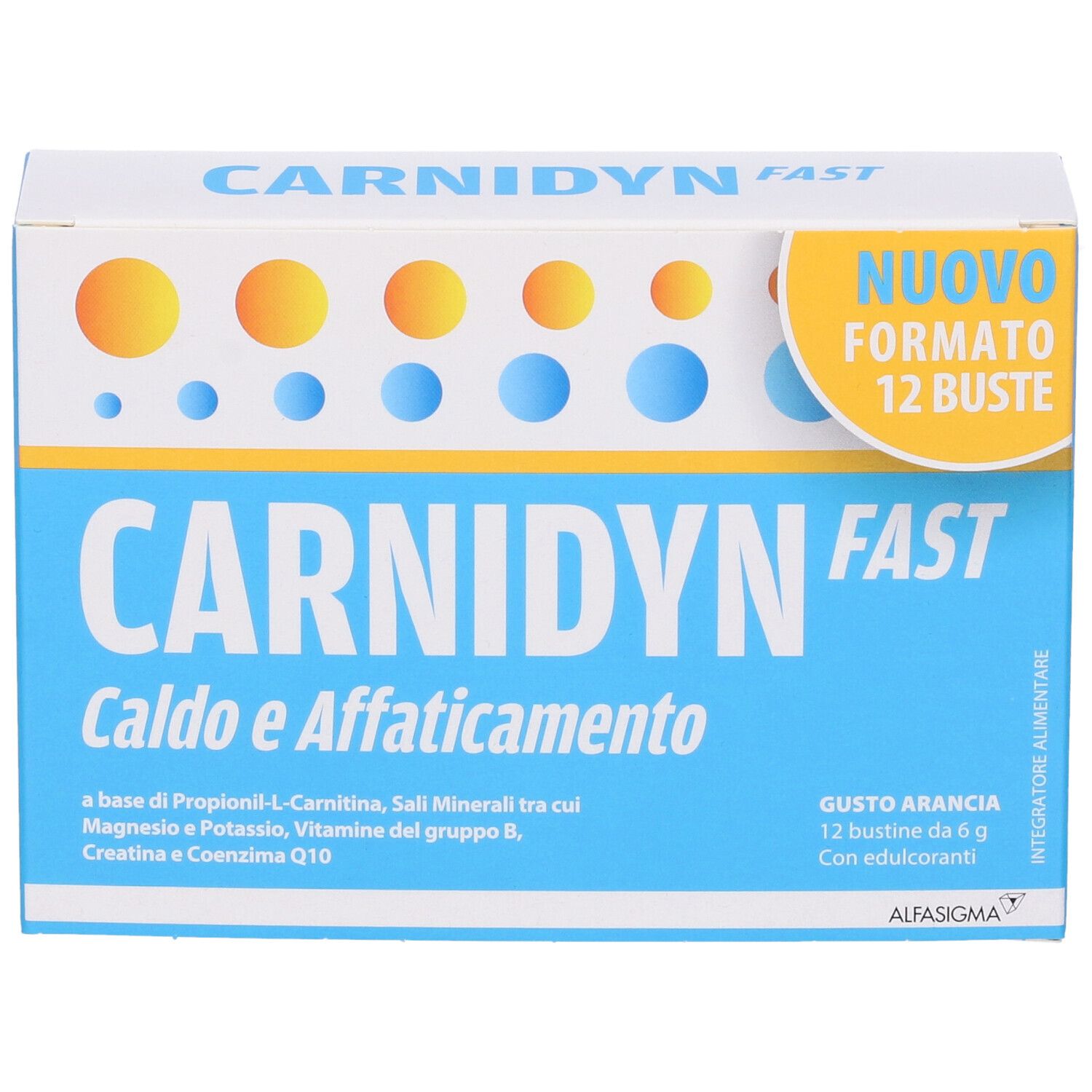 Confezione Carnidyn Fast. Scatola blu con nome e ingredienti del prodotto. Nuovo formato.
