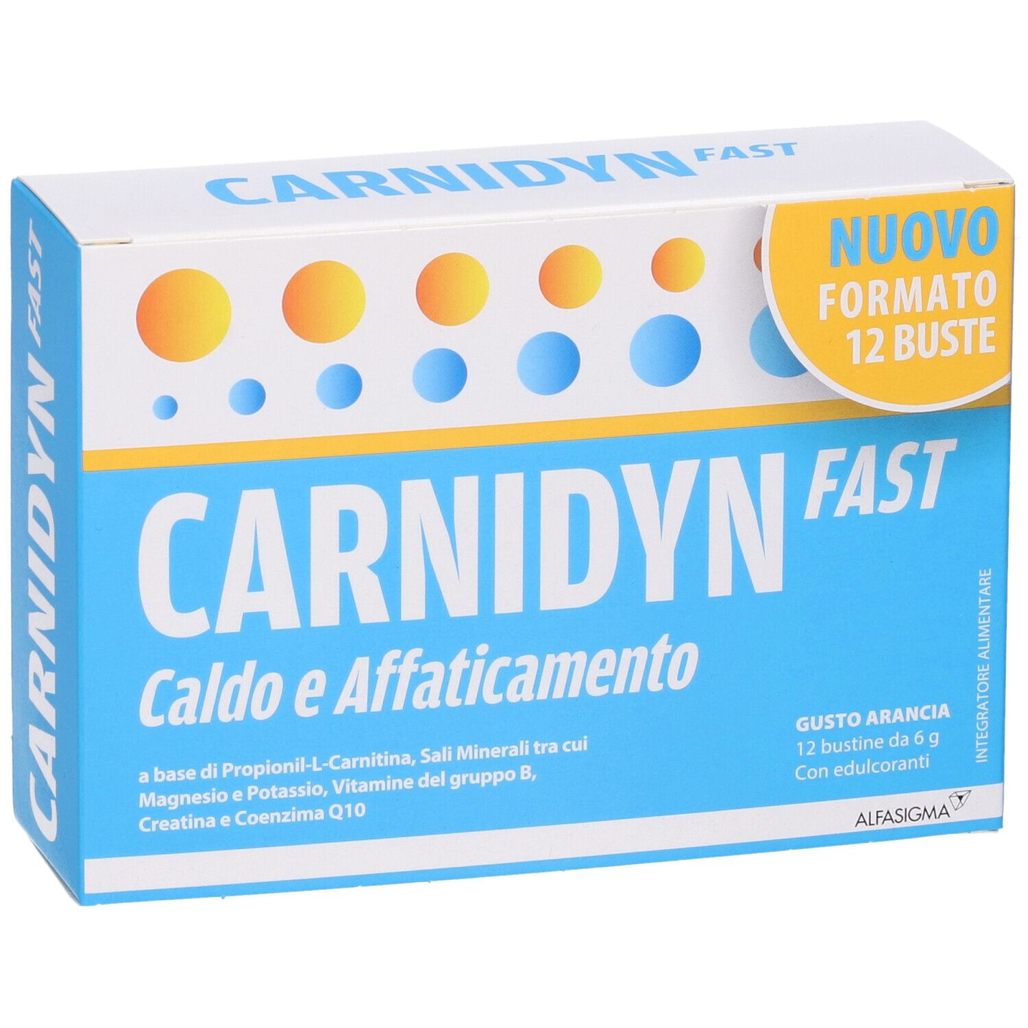 Confezione Carnidyn Fast. Scatola blu con nome e ingredienti del prodotto. Nuovo formato.