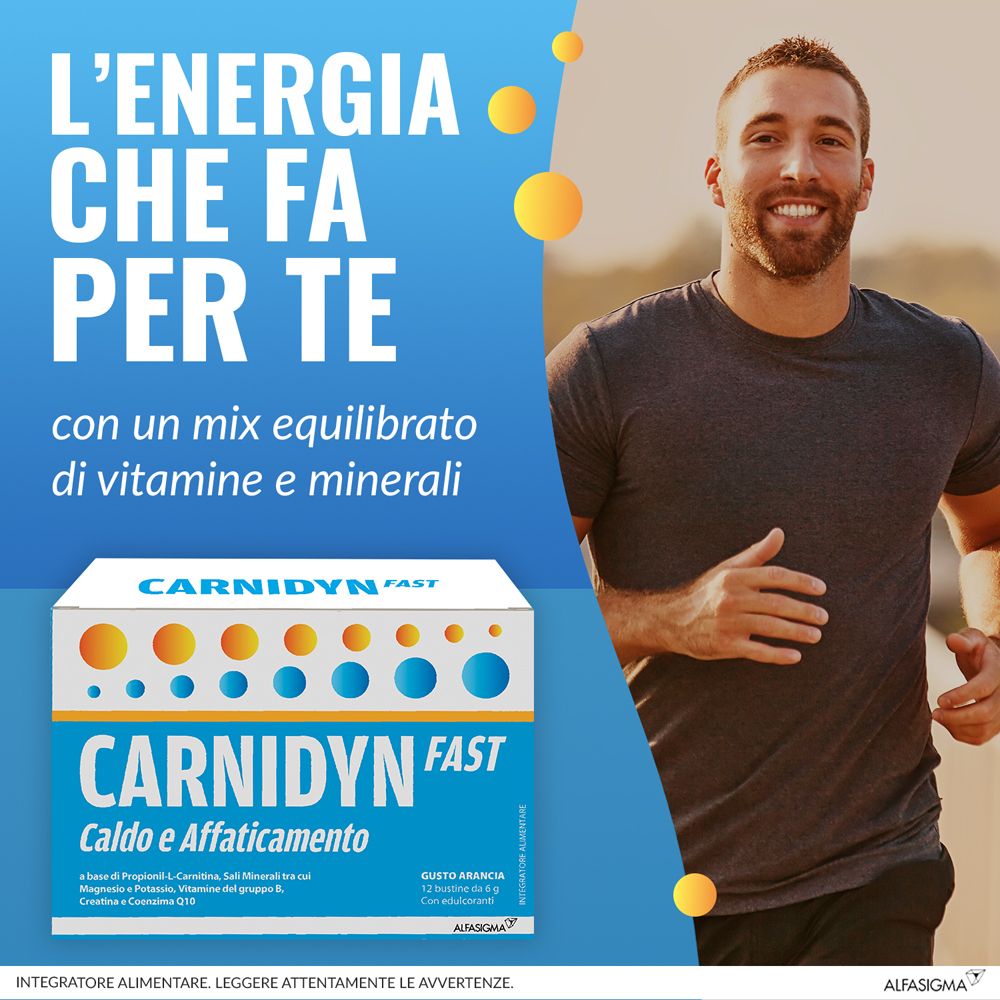 Immagine pubblicitaria con uomo che corre e confezione Carnidyn Fast. Testo: L'energia per te.