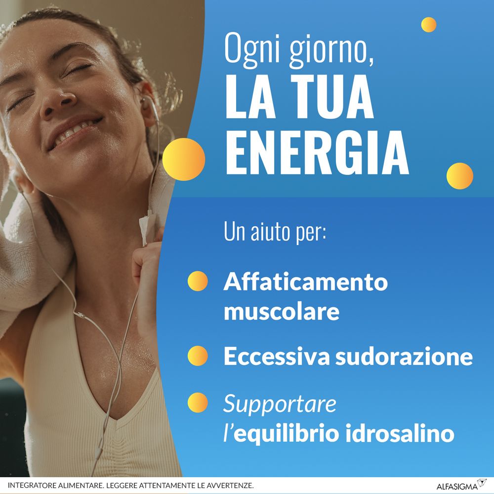 Donna con cuffie, testo: La tua energia. Aiuta l'affaticamento muscolare, sudorazione eccessiva.