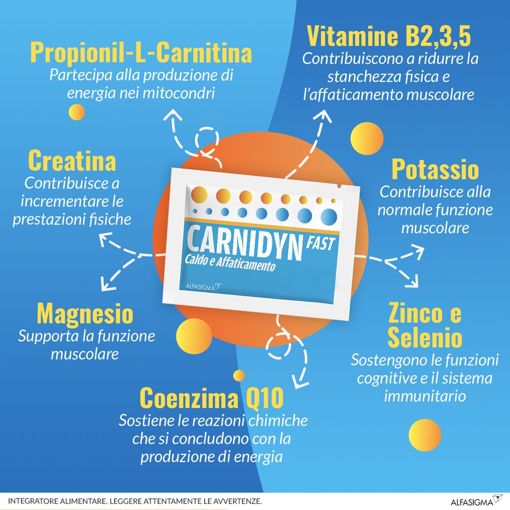Bustina di Carnidyn Fast e ingredienti. Frecce indicano gli ingredienti e i loro effetti.
